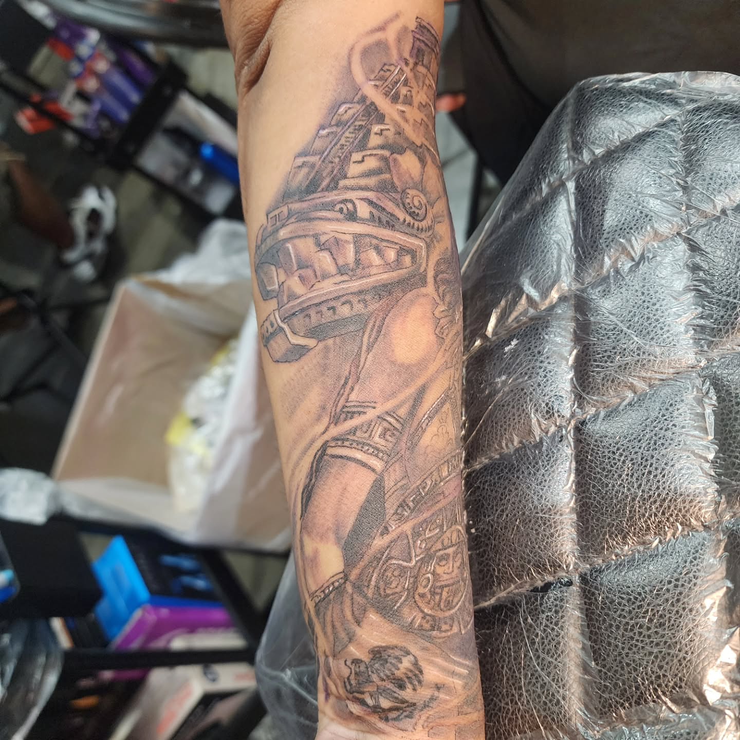 Ancient warrior realism tattoo on the forearm by Joe Garcia