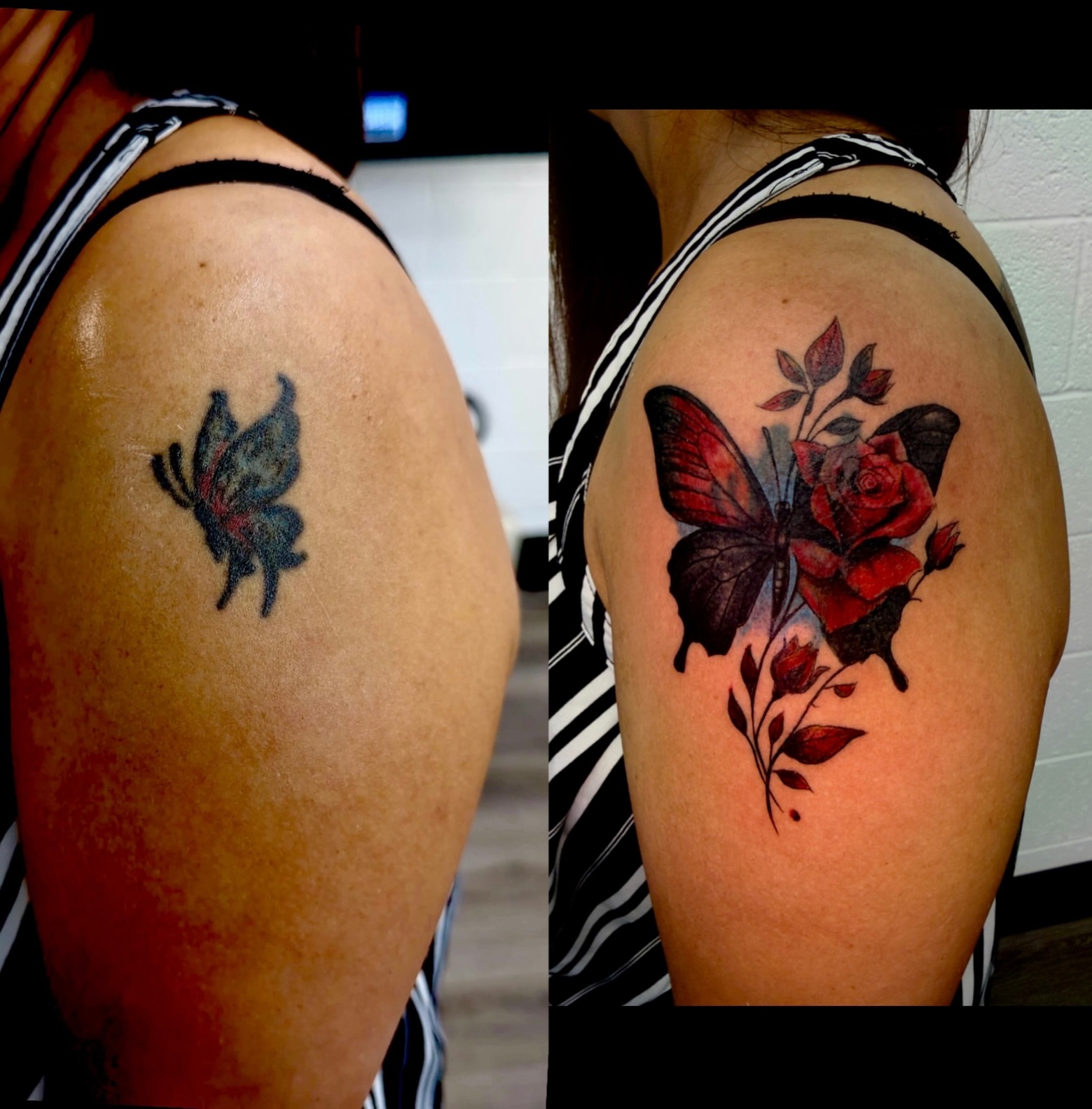Butterfly and rose realism tattoo on the shoulder by Caloy Obra