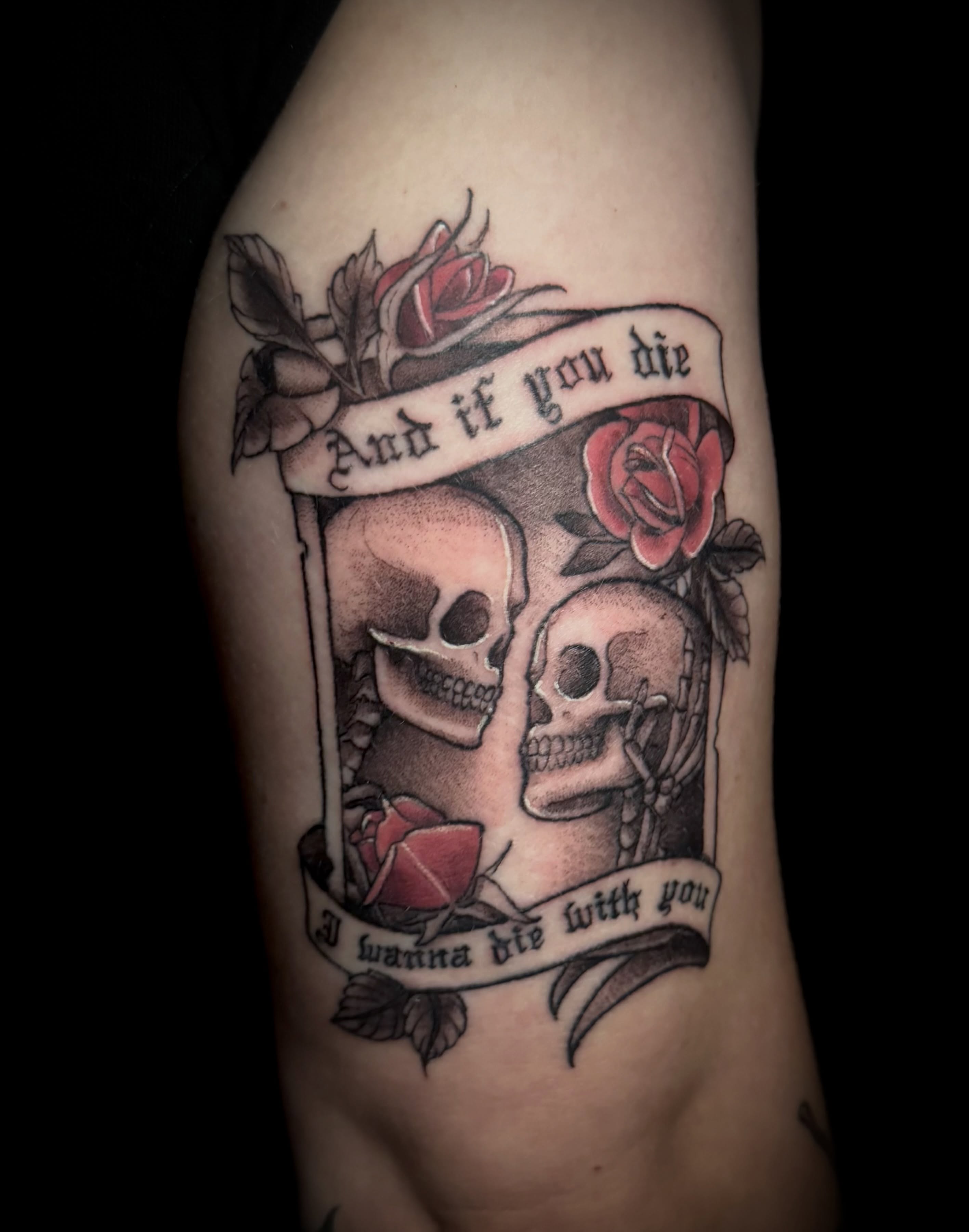 Skulls and roses American traditional tattoo on the forearm by M A D I E I N S P A N I E R π¦ tattoos