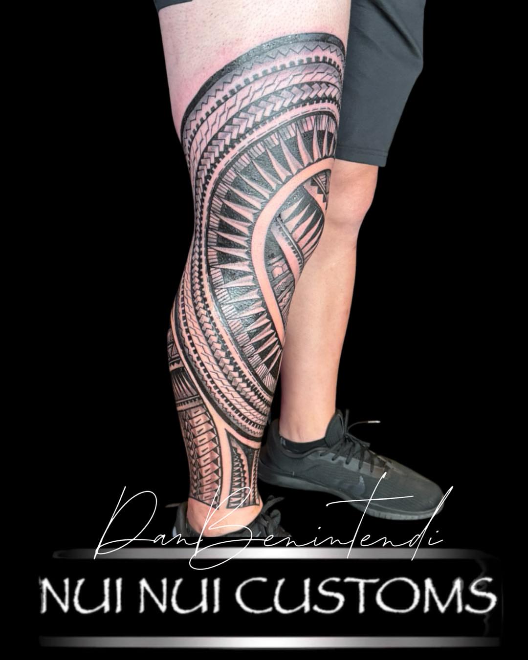 Tribal leg tattoo tribal tattoo on the calf by Dan Benintendi l Polynesian Tattoo, Fort Worth, Texas