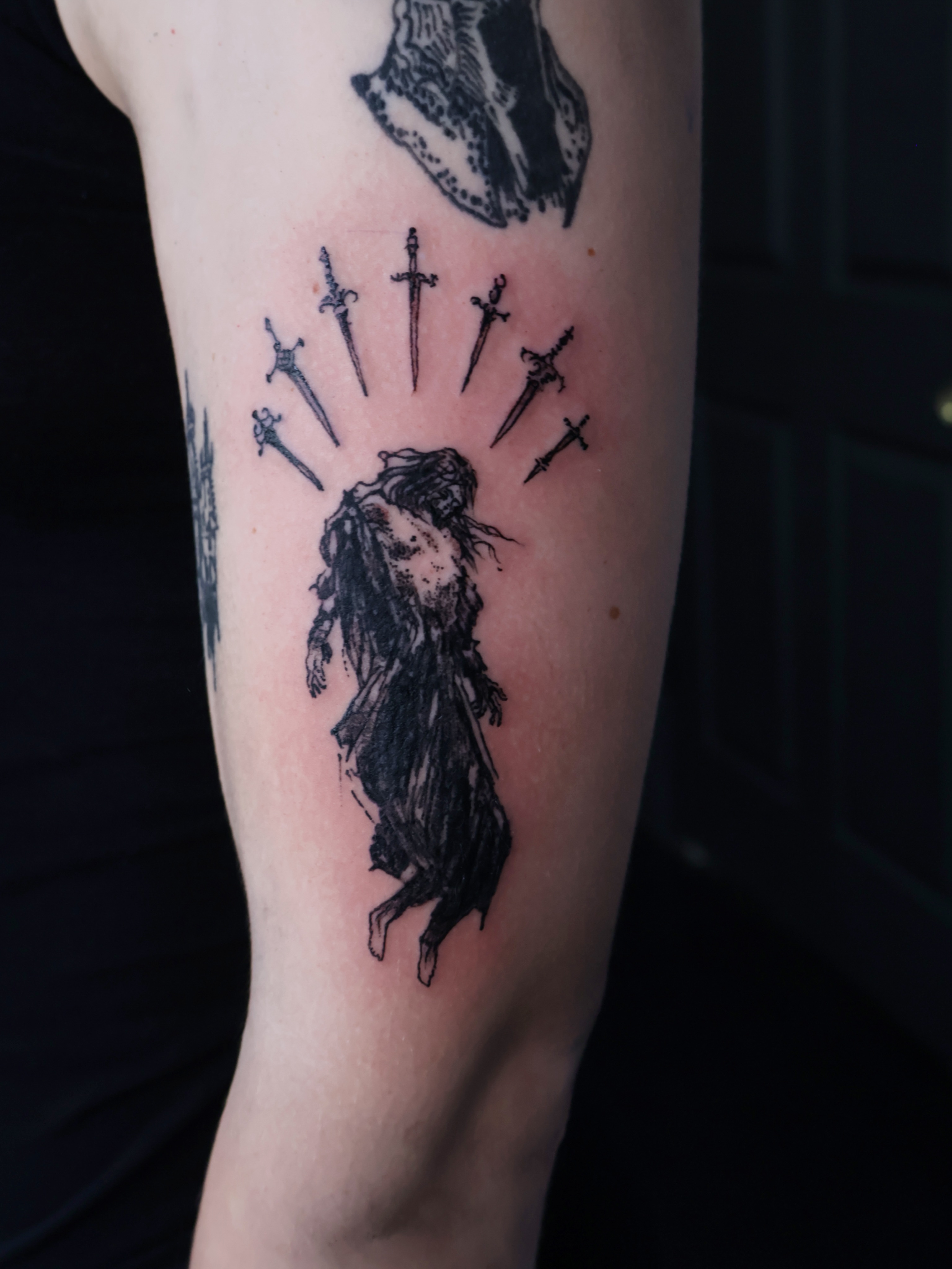 Woman with swords black and grey tattoo on the forearm by Denis Du Preez, East Williamsburg, Brooklyn