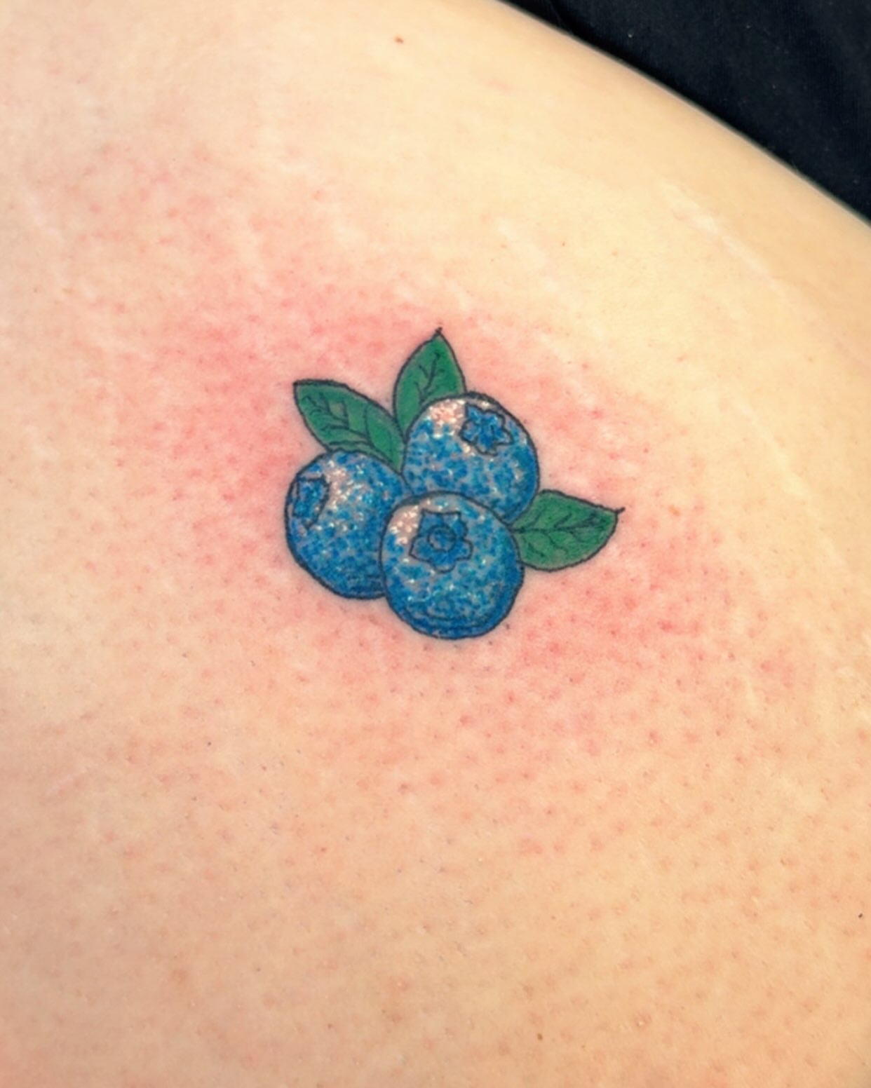 Blueberries dotwork tattoo on the shoulder by Felicia Lee, Des Moines, Iowa