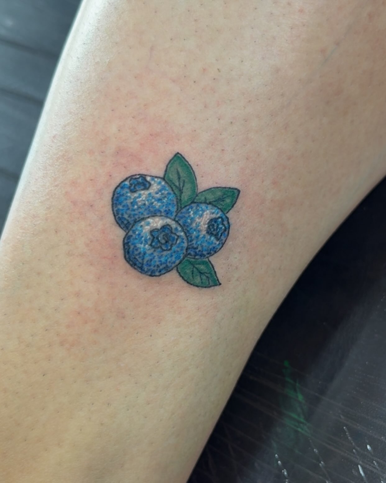 Blueberries dotwork tattoo on the forearm by Felicia Lee, Des Moines, Iowa