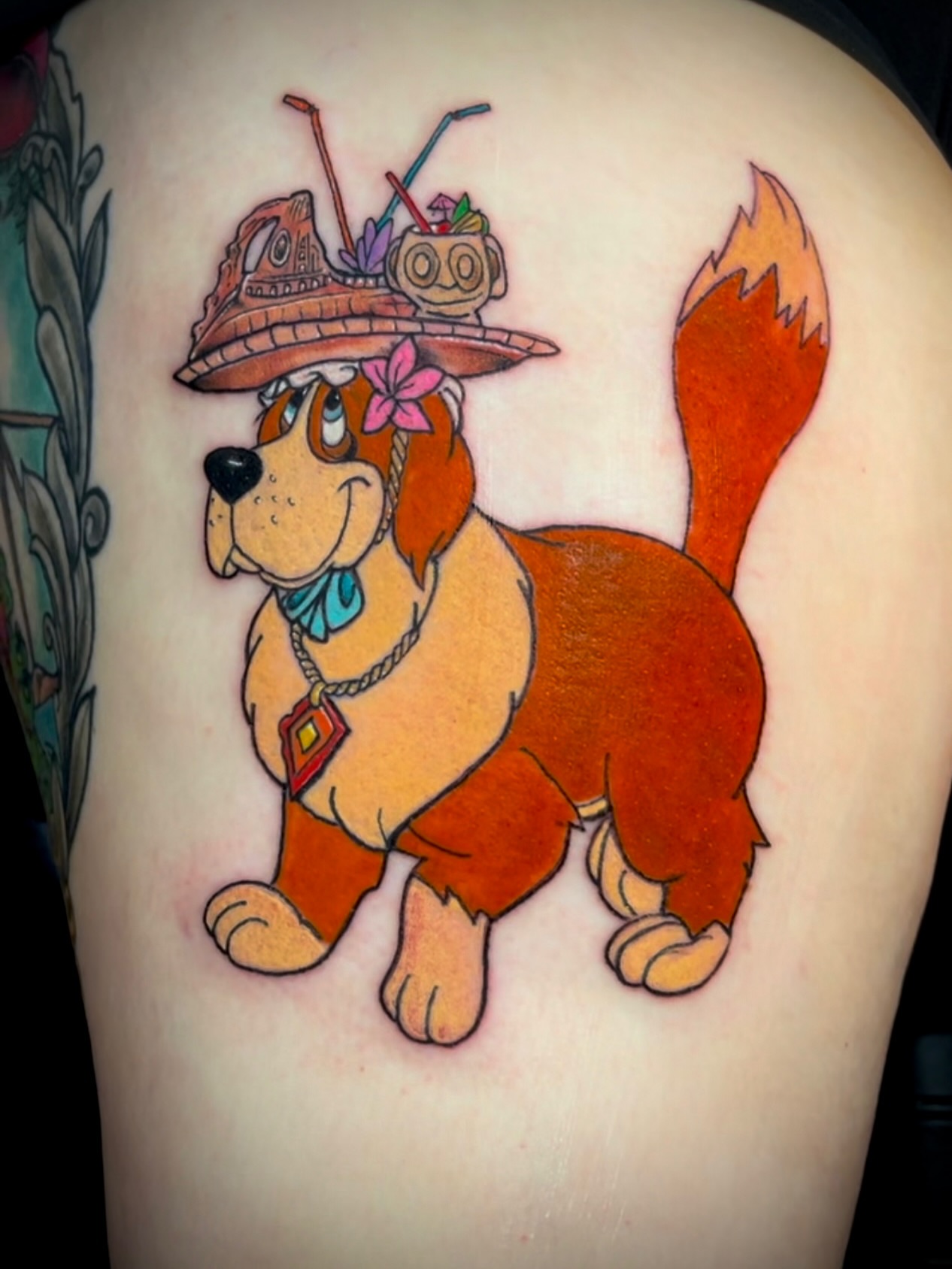 Dog wearing sombrero illustrative tattoo on the thigh by 🗿🌴TᗩᕼITI GIᒪ✨🏰