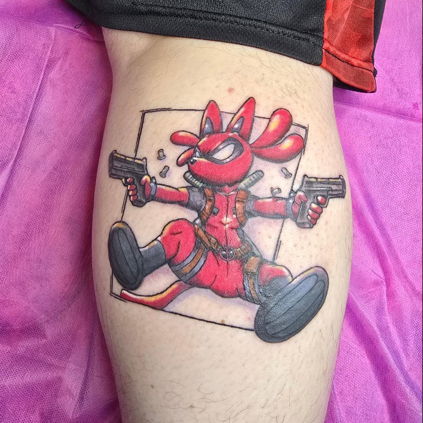 Fox character with guns new school tattoo on the thigh by Val Sanchez
