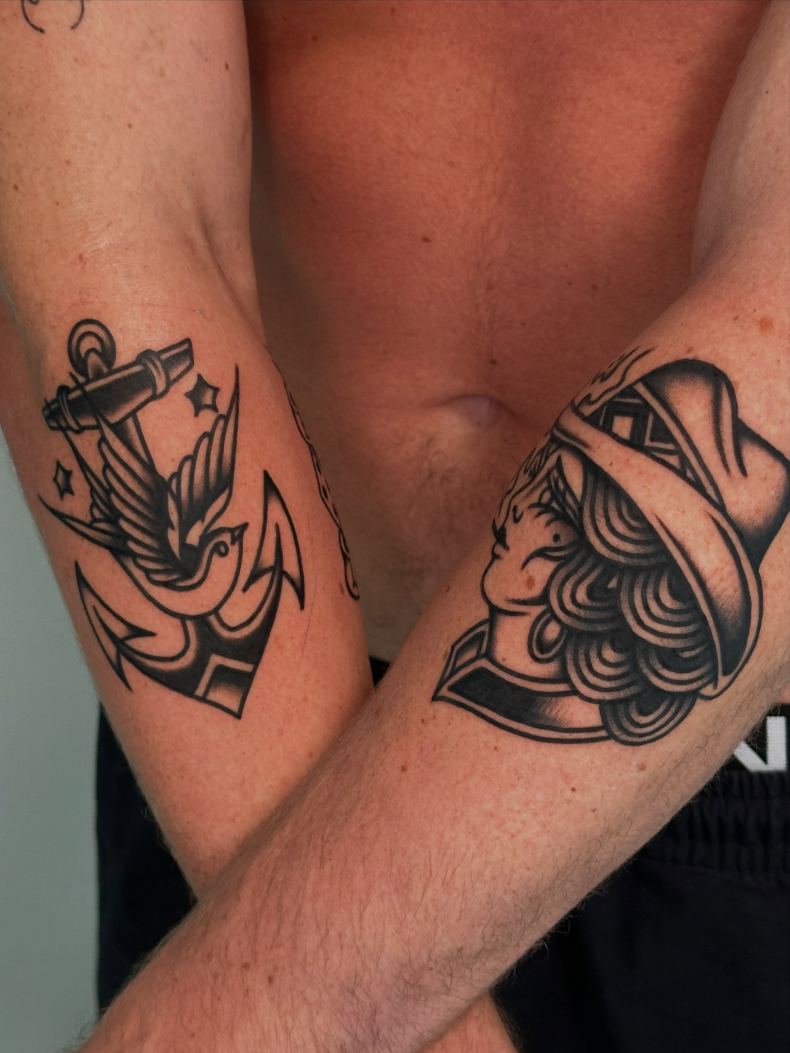 Anchor with dove American traditional tattoo on the forearm by 쿤타