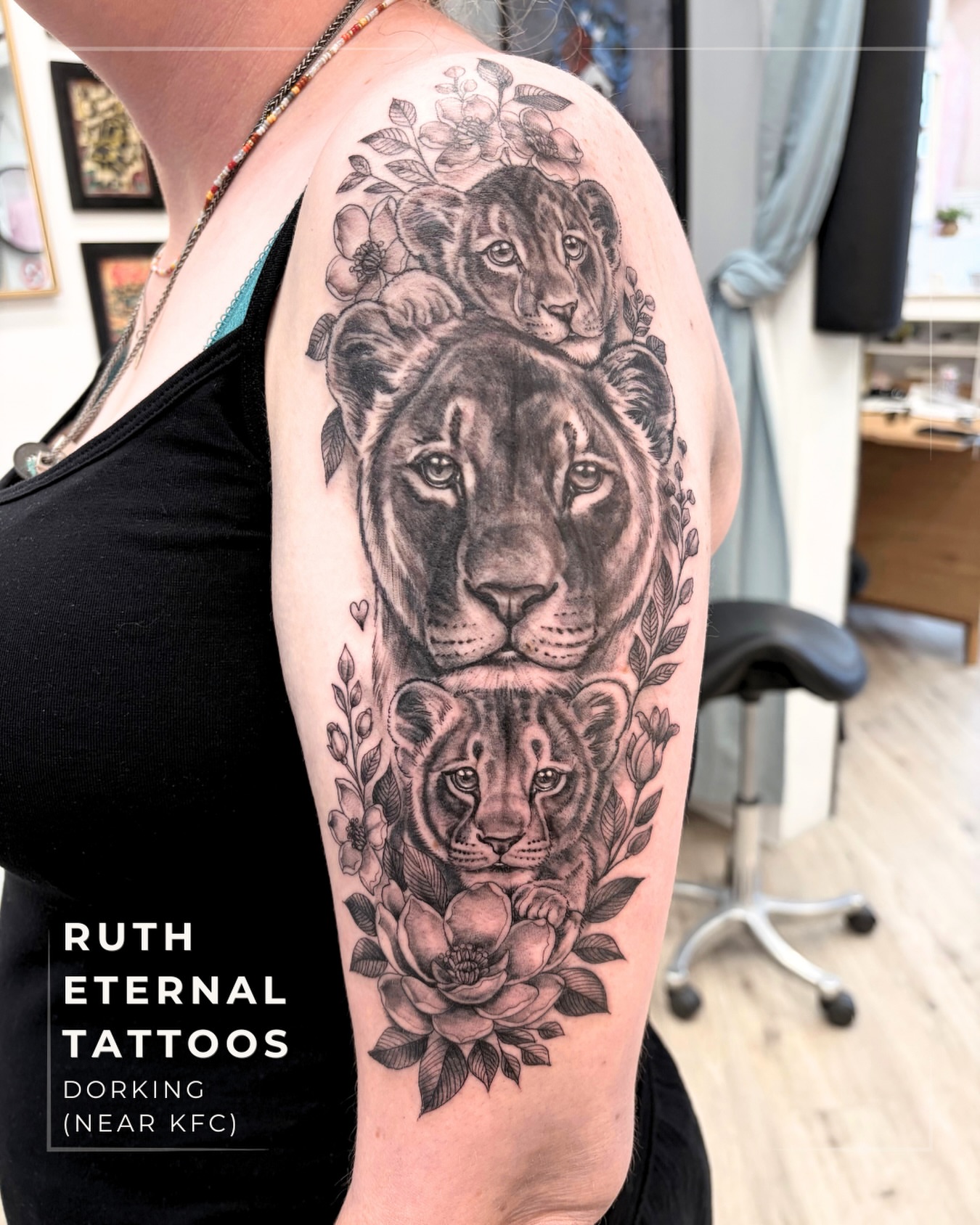 Lion family realism tattoo on the forearm by Ruth Ormsby-Ashworth