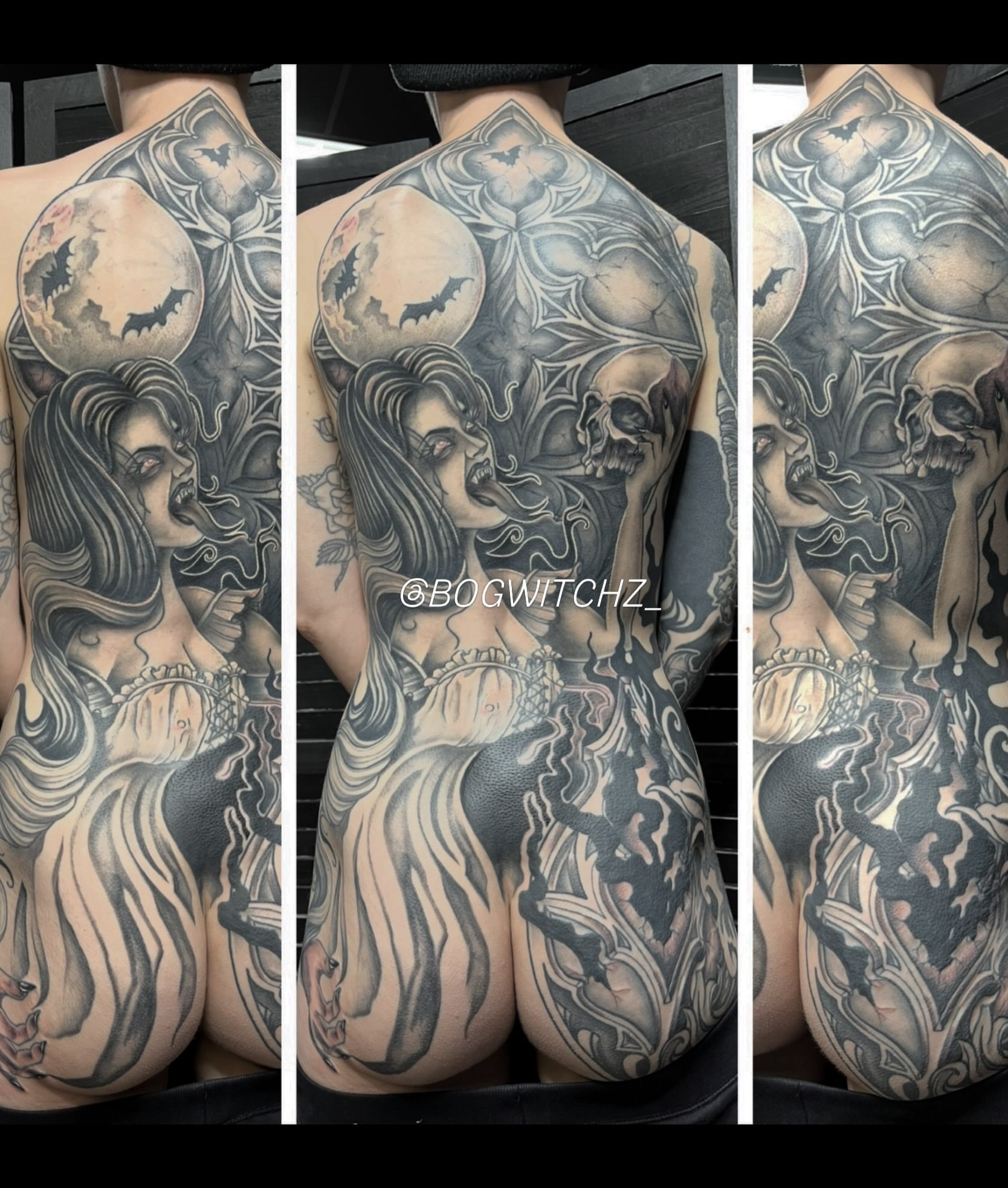 Woman with skull realism tattoo on the back by Michigan Tattoo Artist - Nadia Garver, Clinton Township, Michigan