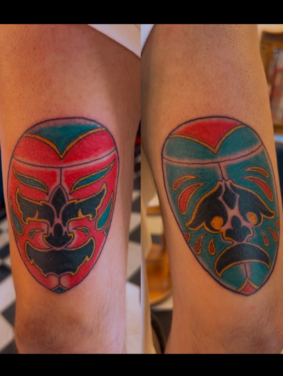 Mask American traditional tattoo on the forearm by 🇬🇹
