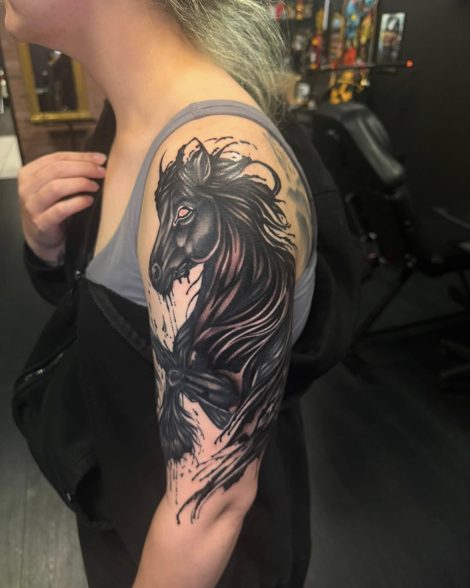 Horse realism tattoo on the shoulder by Paige Marie Marion