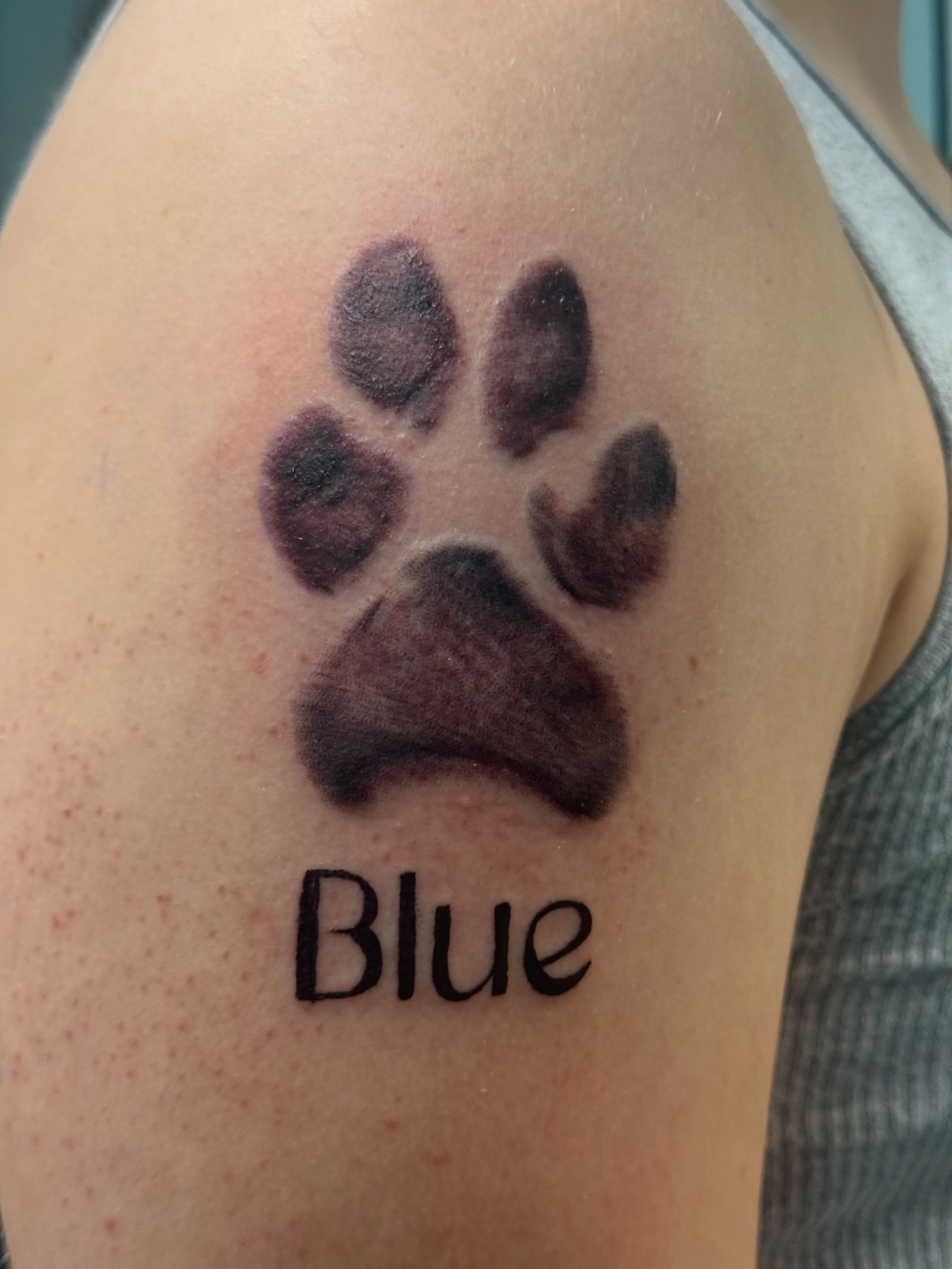 Paw print black and grey tattoo on the upper arm by Michelle Balhan