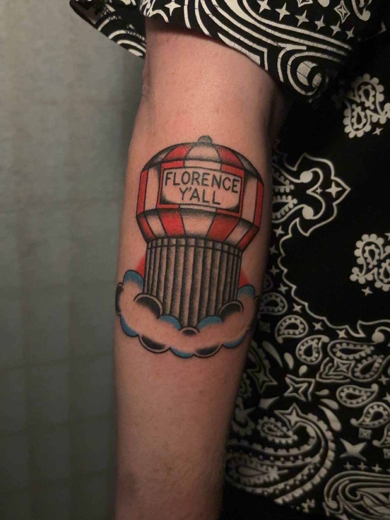 Hot air balloon American traditional tattoo on the forearm by Chris Prince Jr., Miamisburg, Ohio