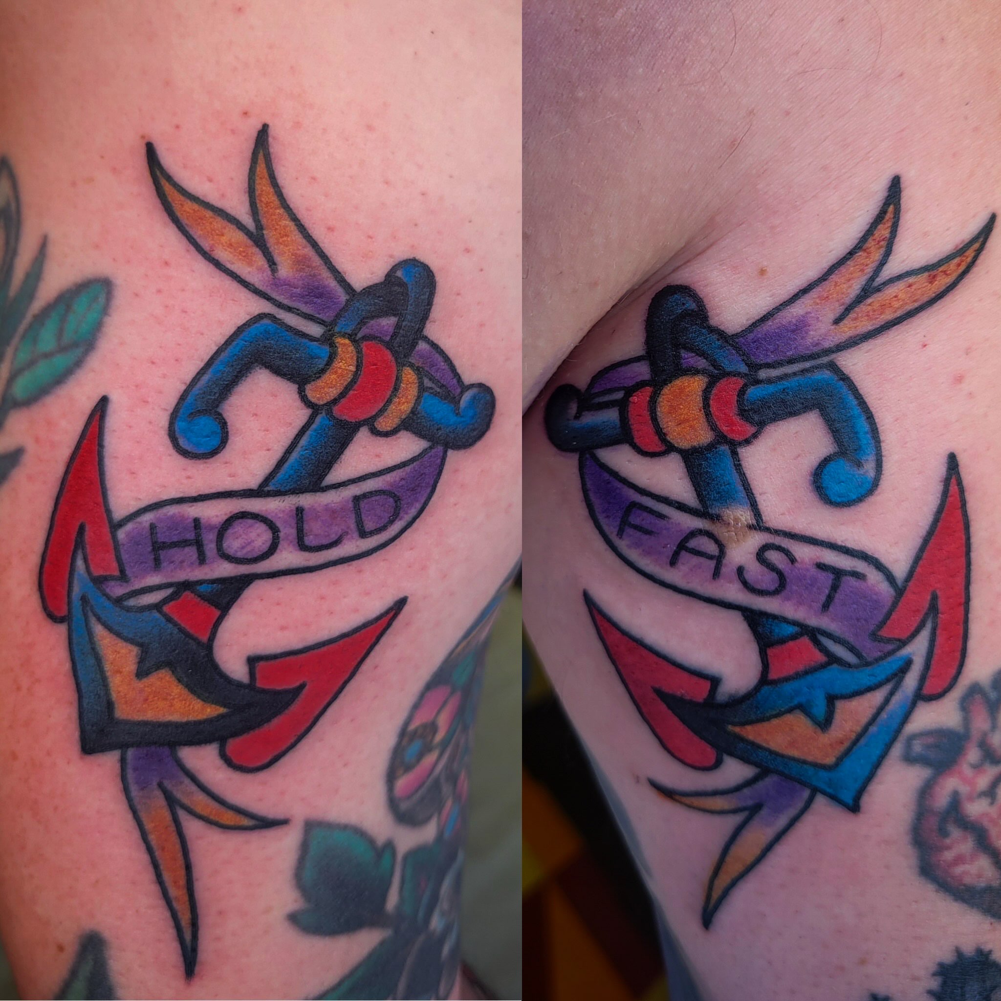 Anchor with banner American traditional tattoo on the forearm by joe martinez, Denver, Colorado