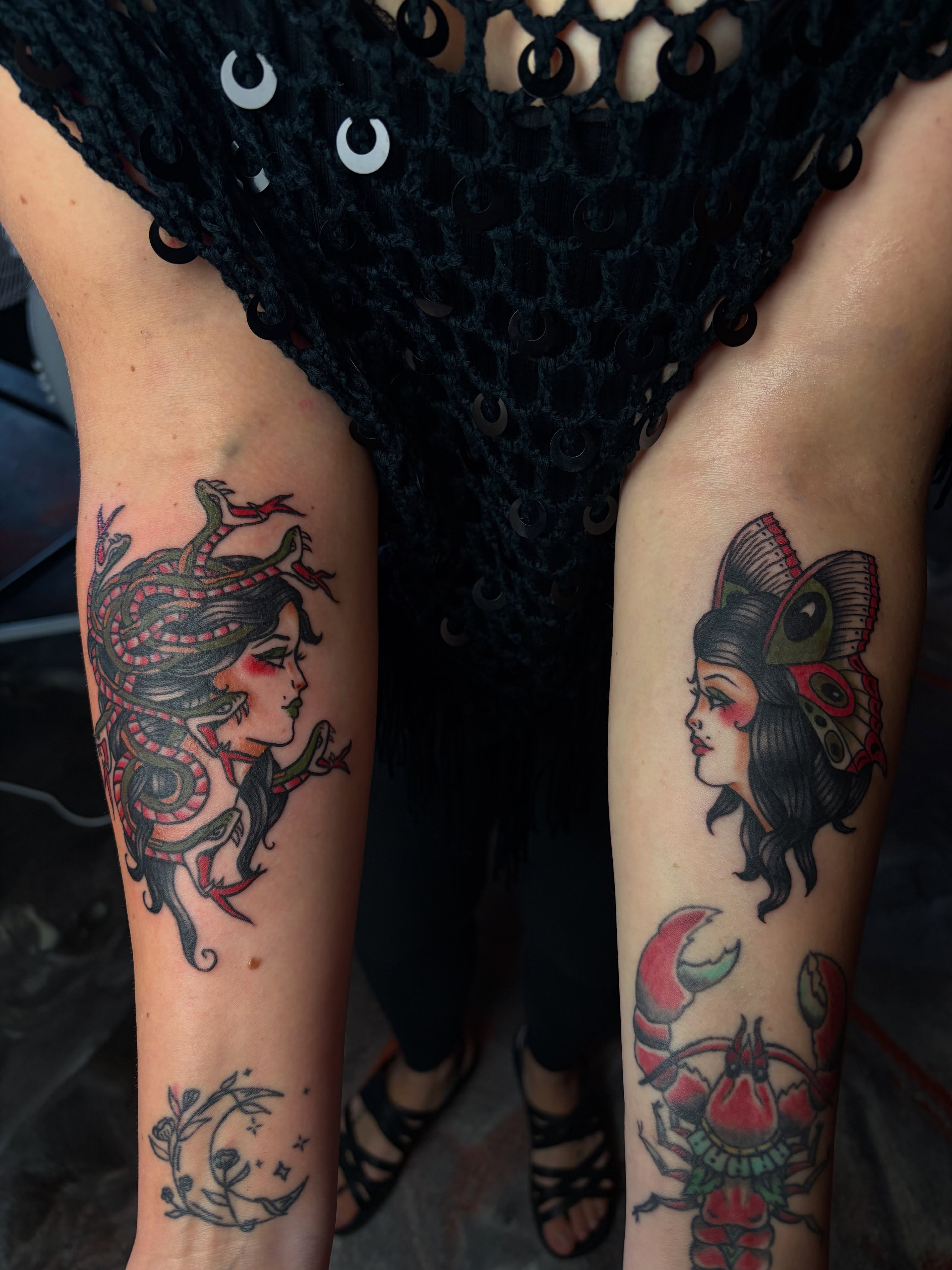 Medusa and geisha American traditional tattoo on the forearm by destany aguilera, Davenport, Iowa