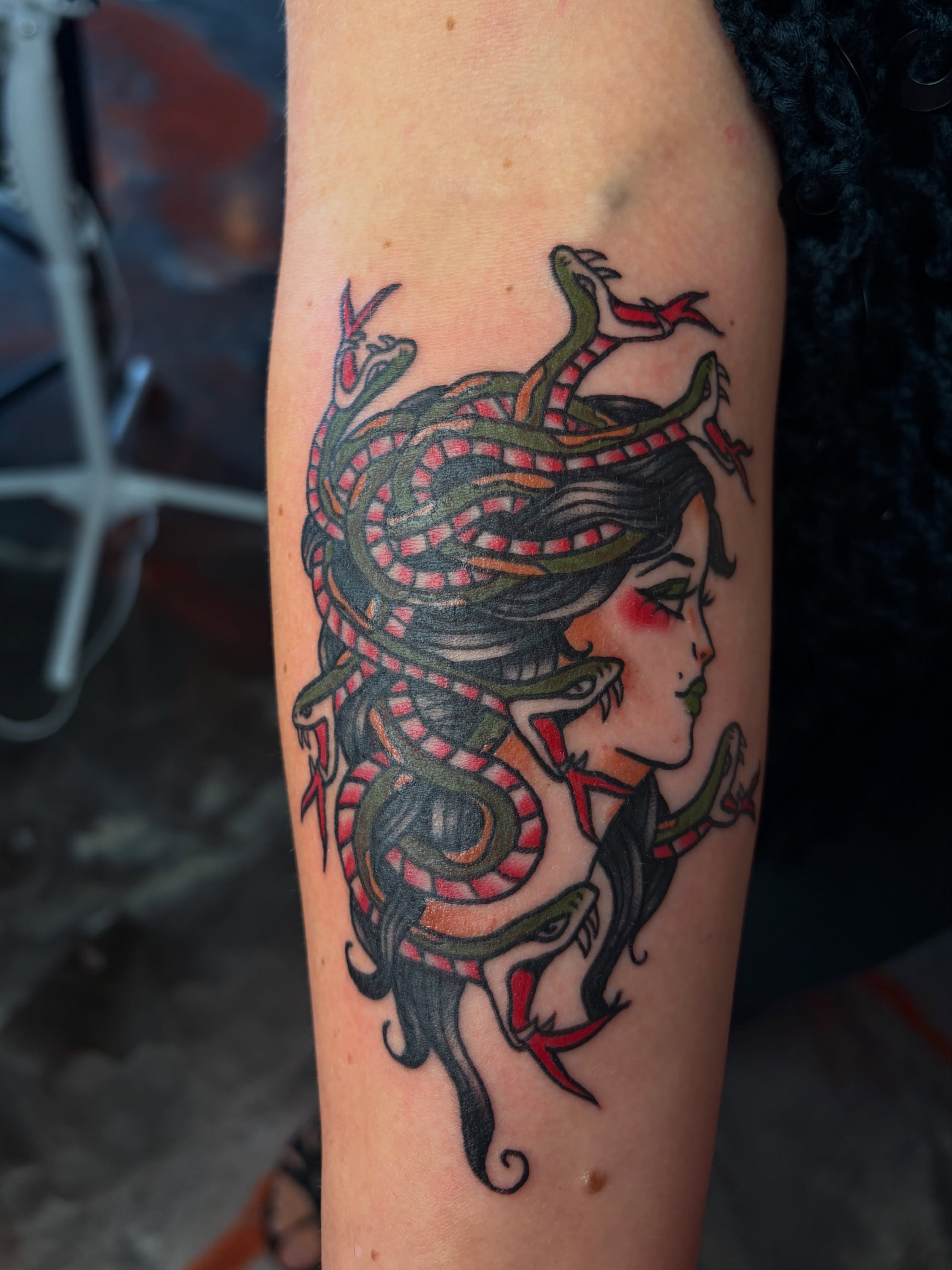 Medusa American traditional tattoo on the forearm by destany aguilera, Davenport, Iowa