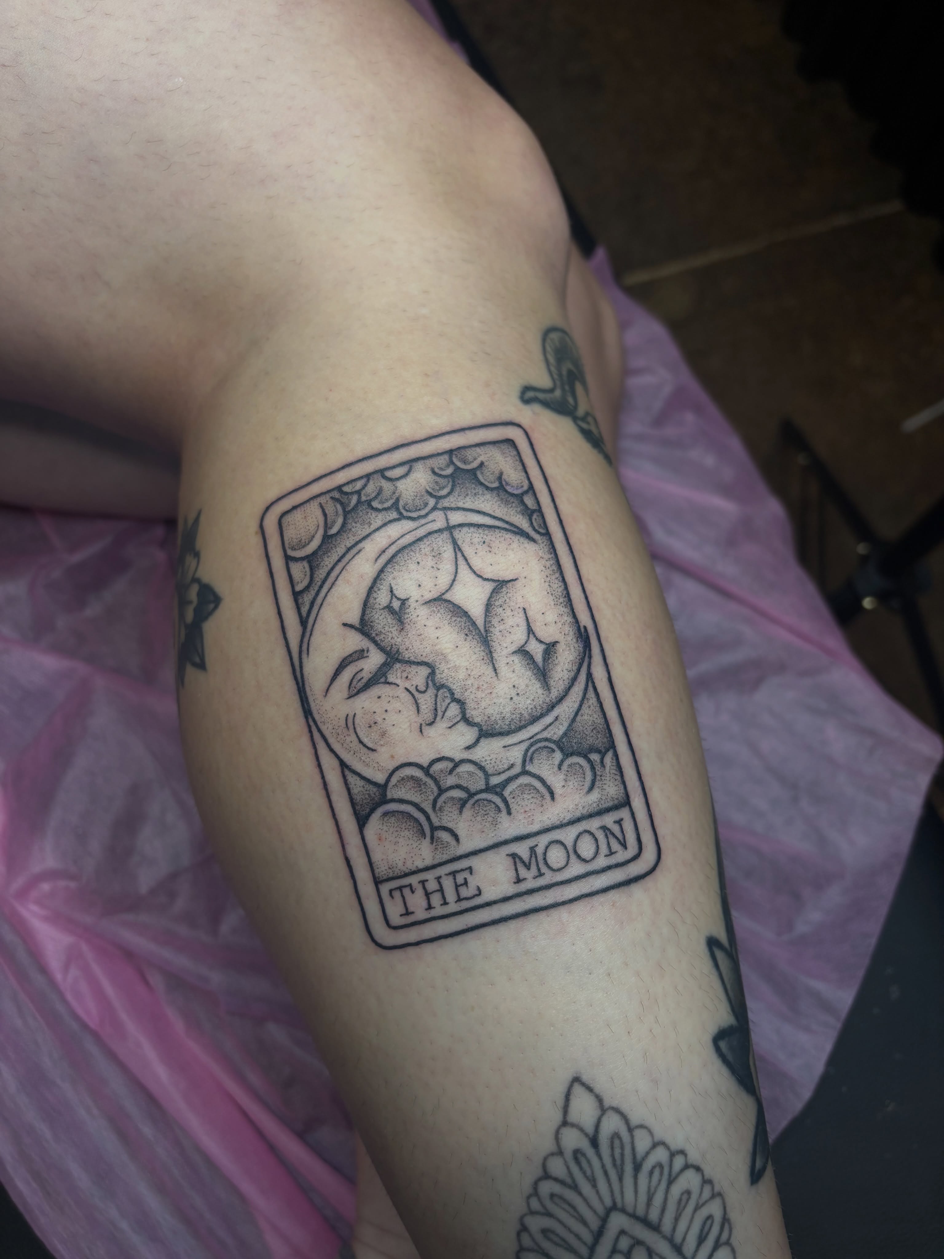 The moon tarot card dotwork tattoo on the forearm by 🔥Zoë Zahasky Tattoos🔥