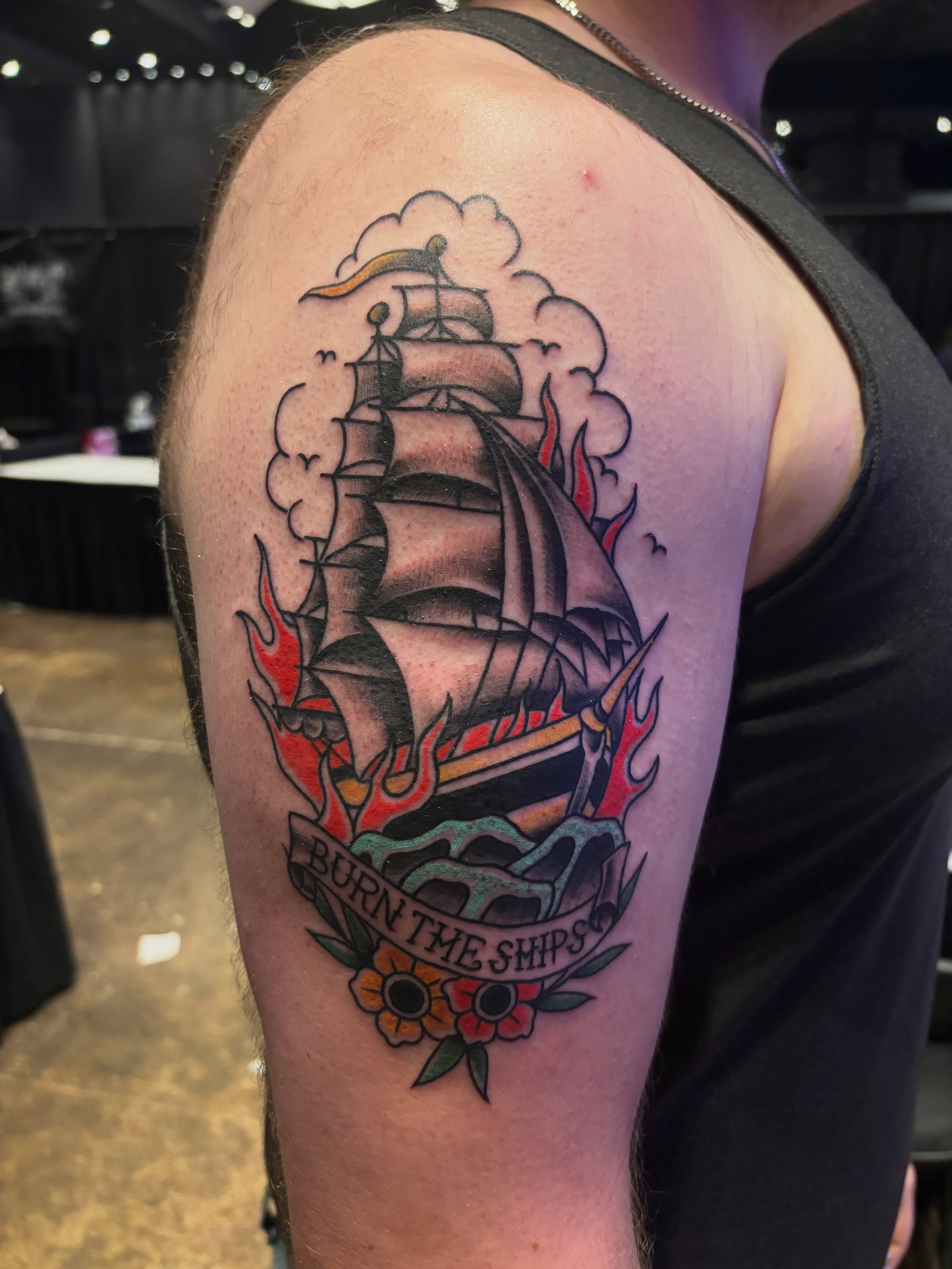Burn the ships American traditional tattoo on the shoulder by 🔥Zoë Zahasky Tattoos🔥