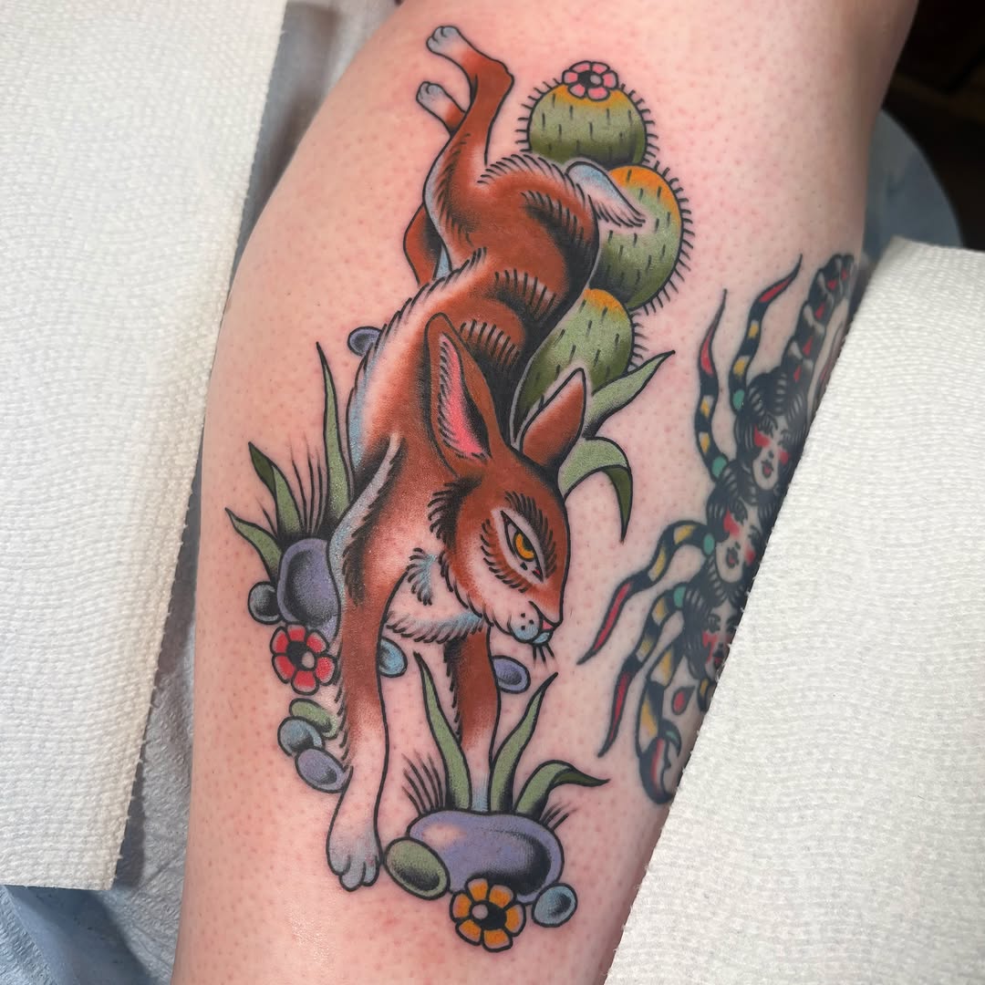 Fox and cactus American traditional tattoo on the forearm by Caeli Martin