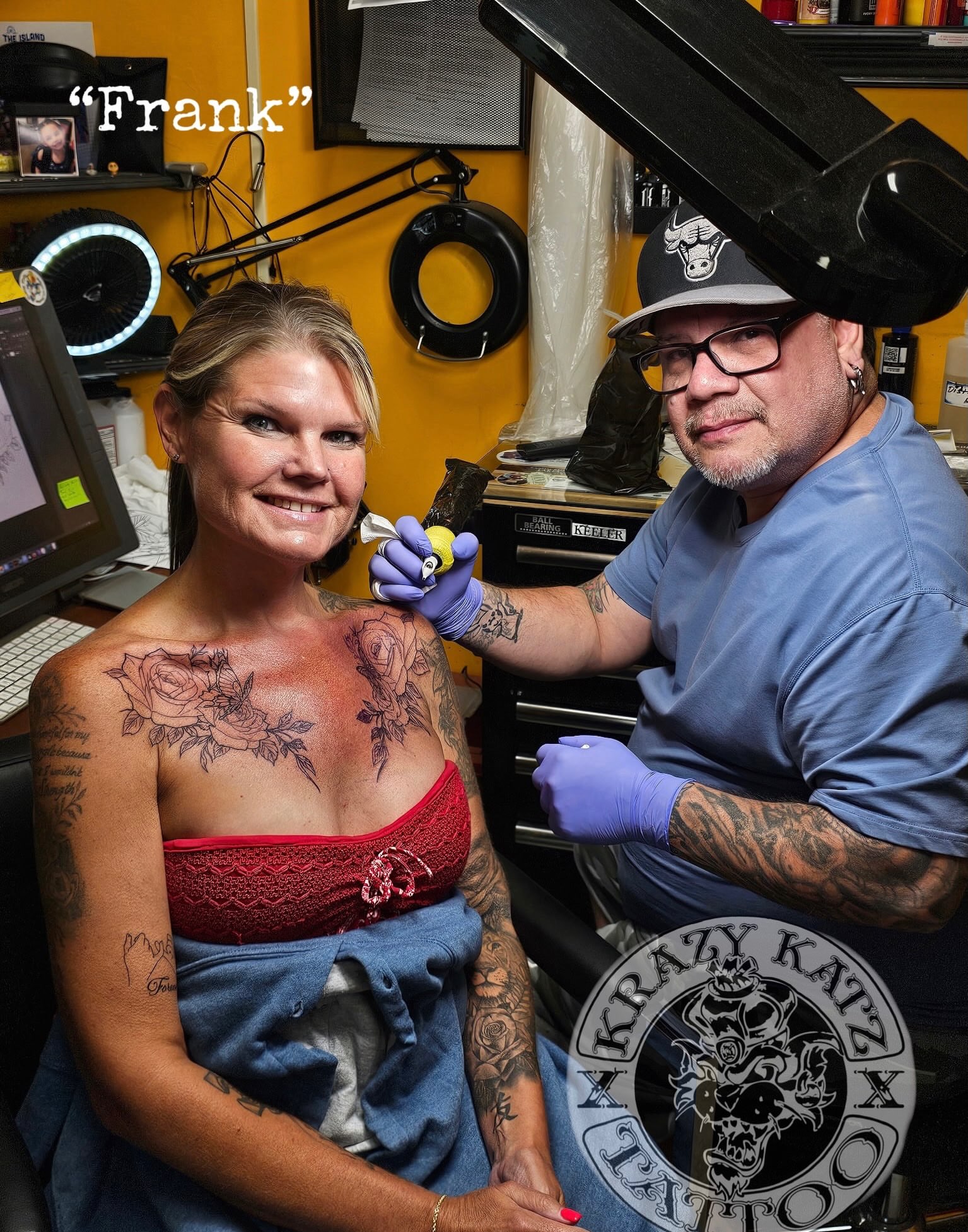 Roses American traditional tattoo on the chest by Frank Gomez 🎨