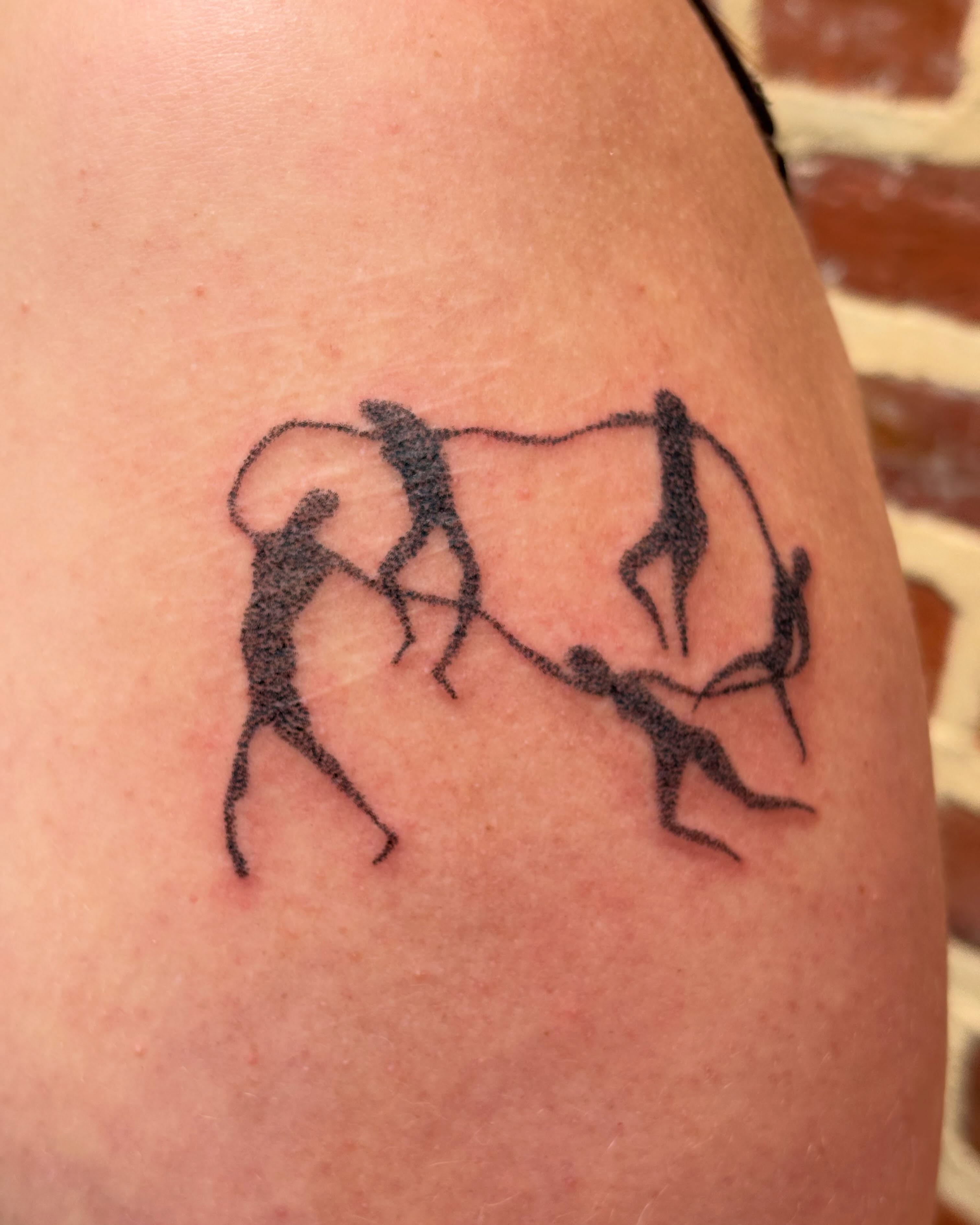 Ancient hunters black and grey tattoo on the thigh by Jill