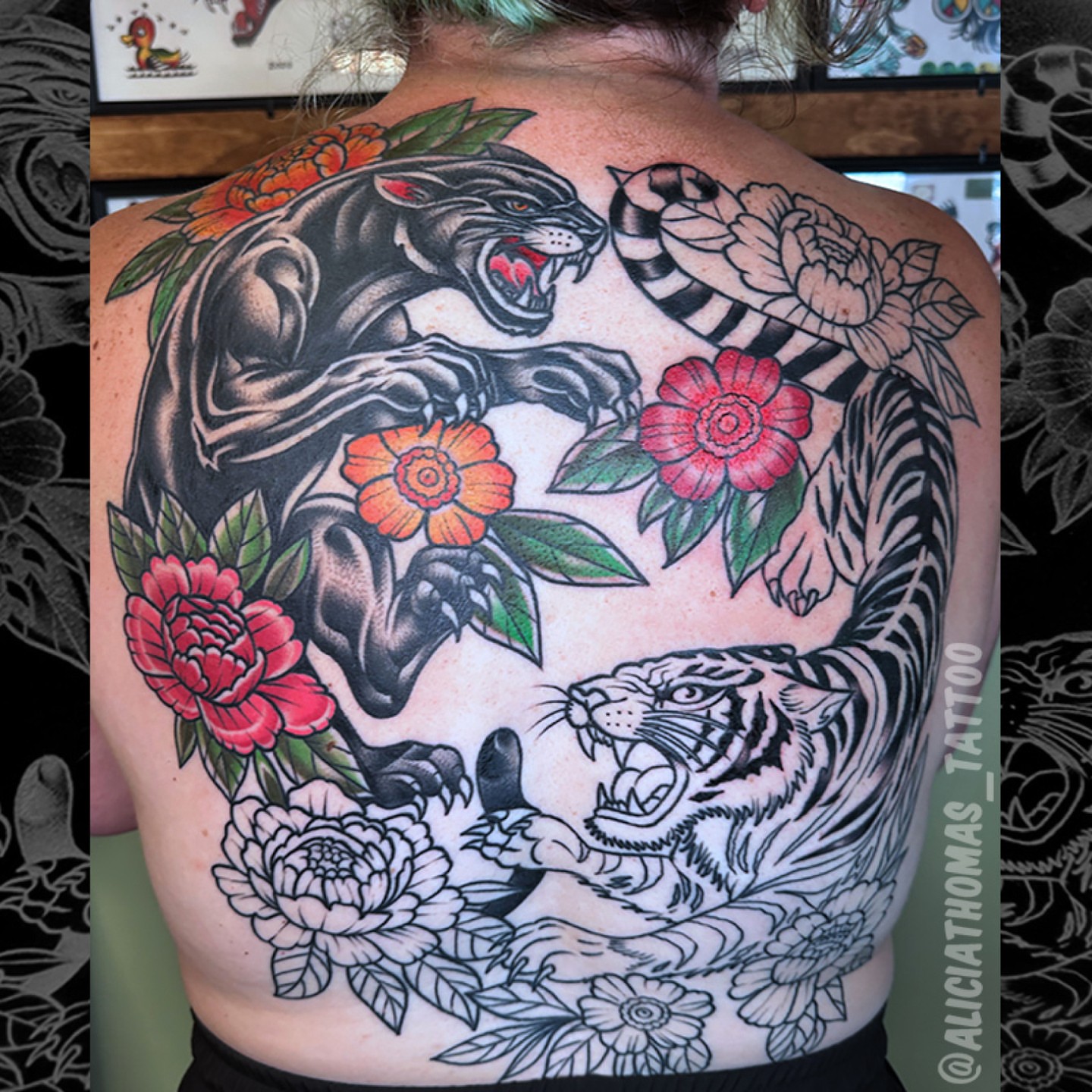 Panther and tiger American traditional tattoo on the back by 𝖆𝖑𝖎𝖈𝖎𝖆 𝖙𝖍𝖔𝖒𝖆𝖘