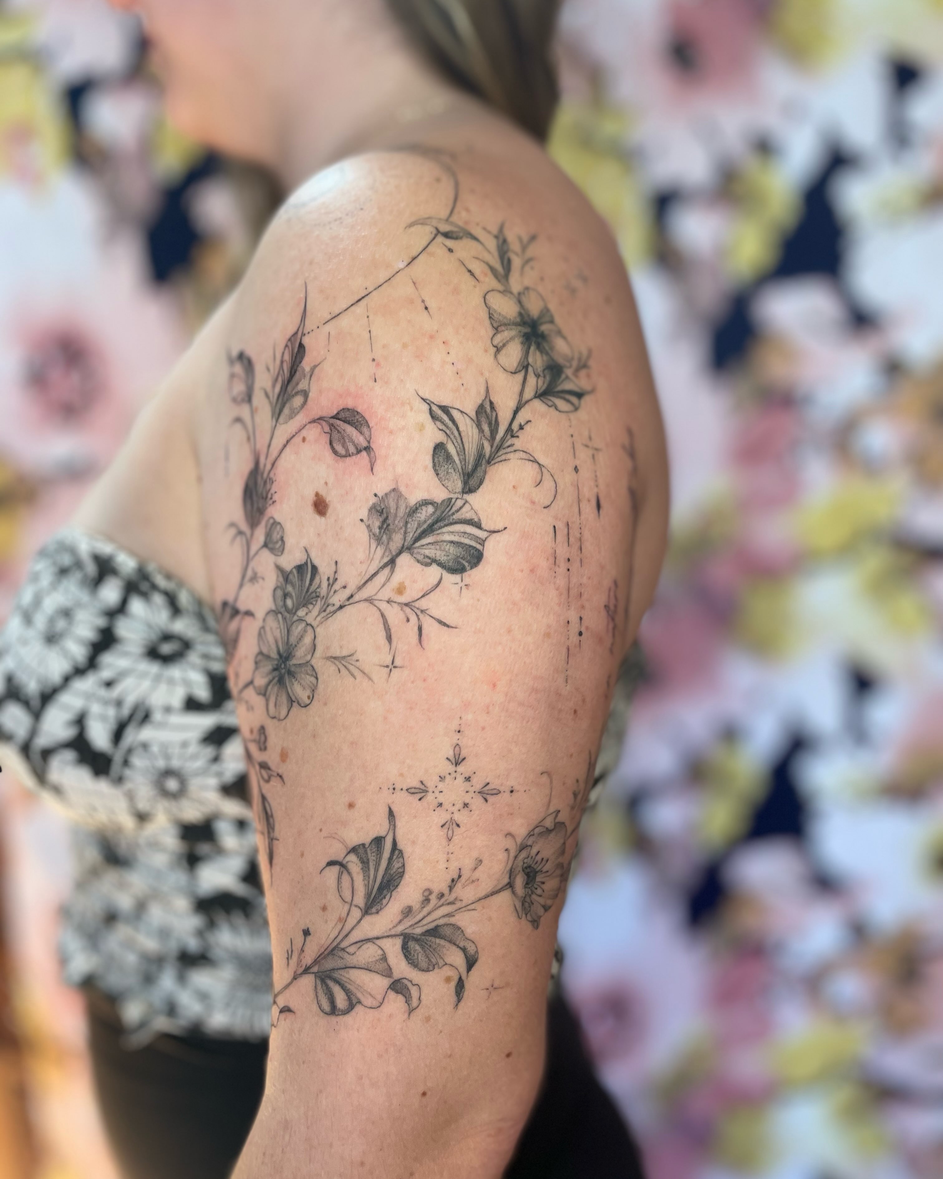 Floral arrangement black and grey tattoo on the shoulder by paige  l  ink shrink tattoo