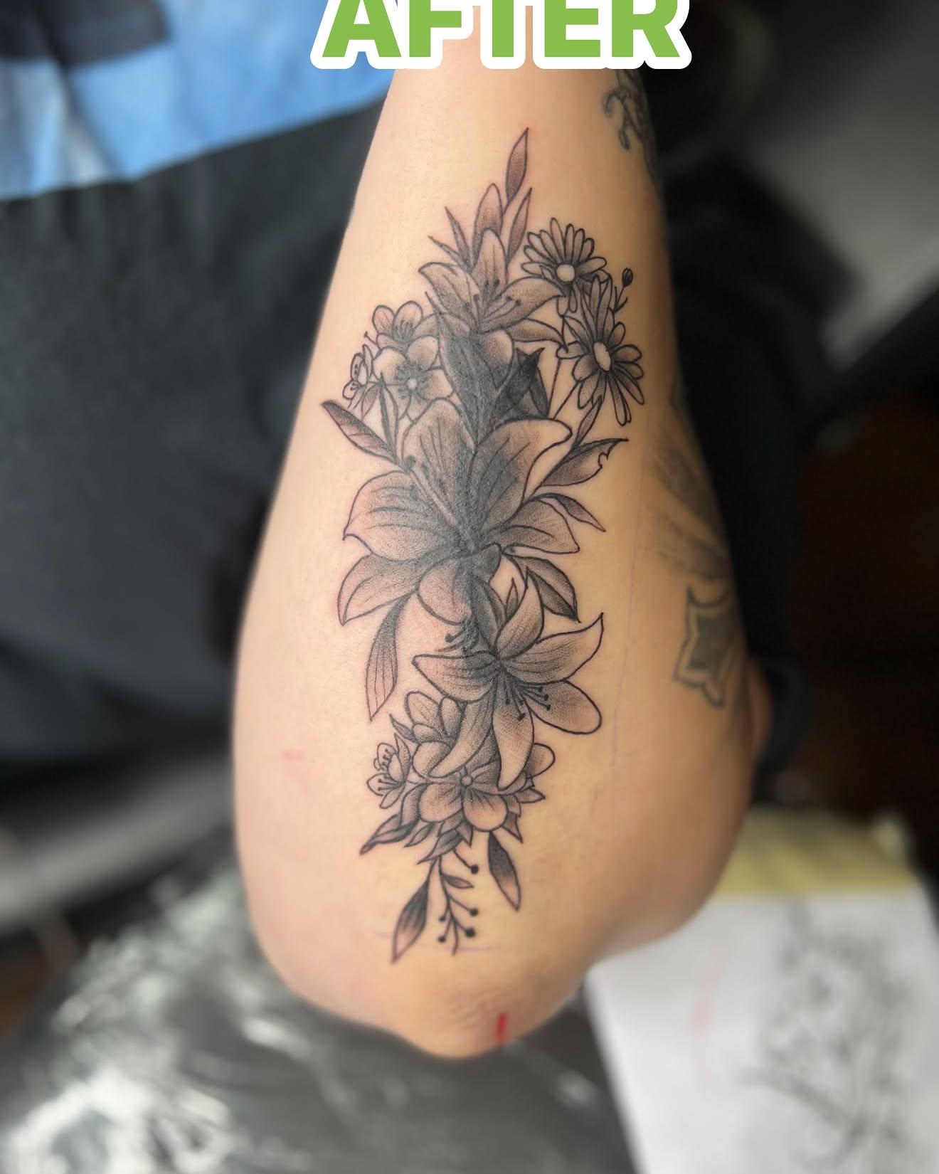 Floral bouquet black and grey tattoo on the forearm by Don Juan Ink Therapy, Jamesburg, New Jersey
