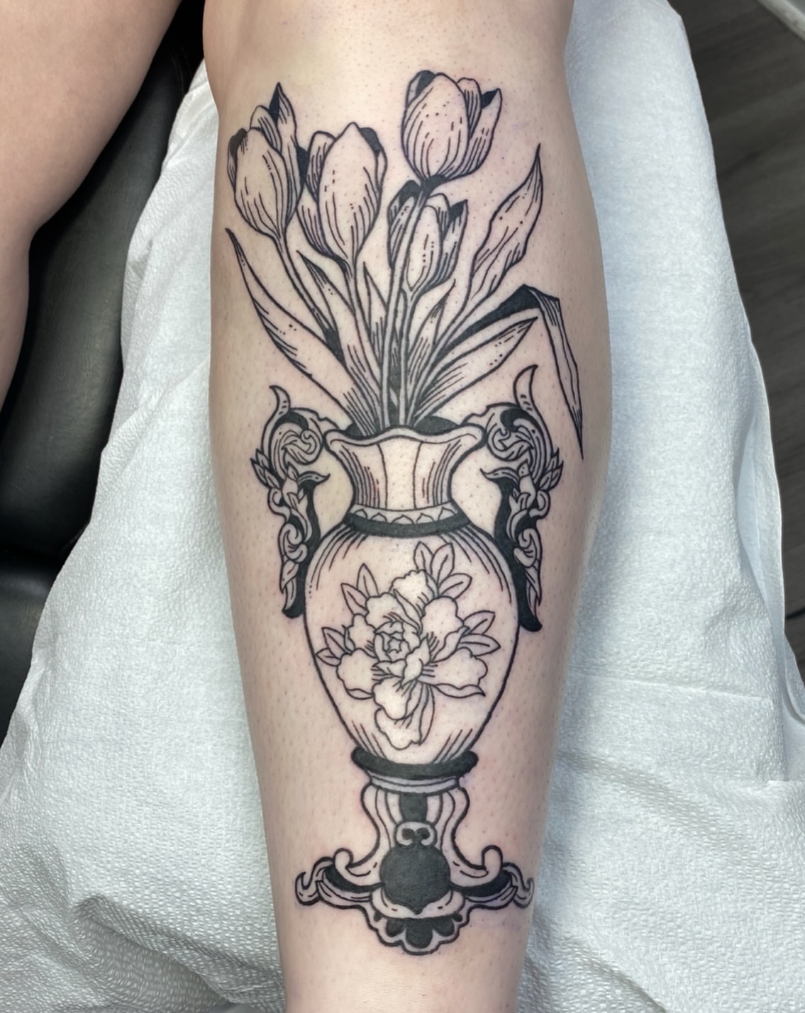 Vase with tulips black and grey tattoo on the forearm by Mike Gorman - Portland Maine Tattoo Artist, Portland, Maine