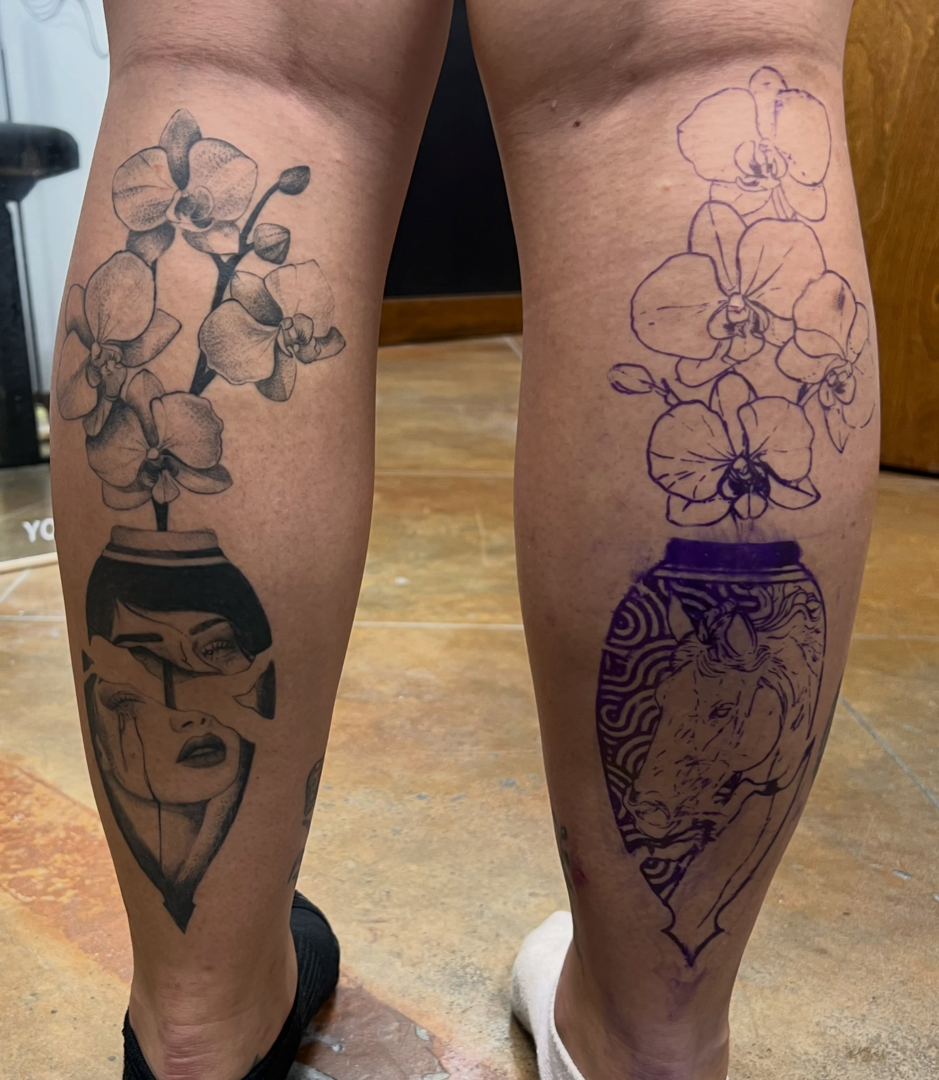 Orchids and horse realism tattoo on the calf by Rebecca Kern Tattoos