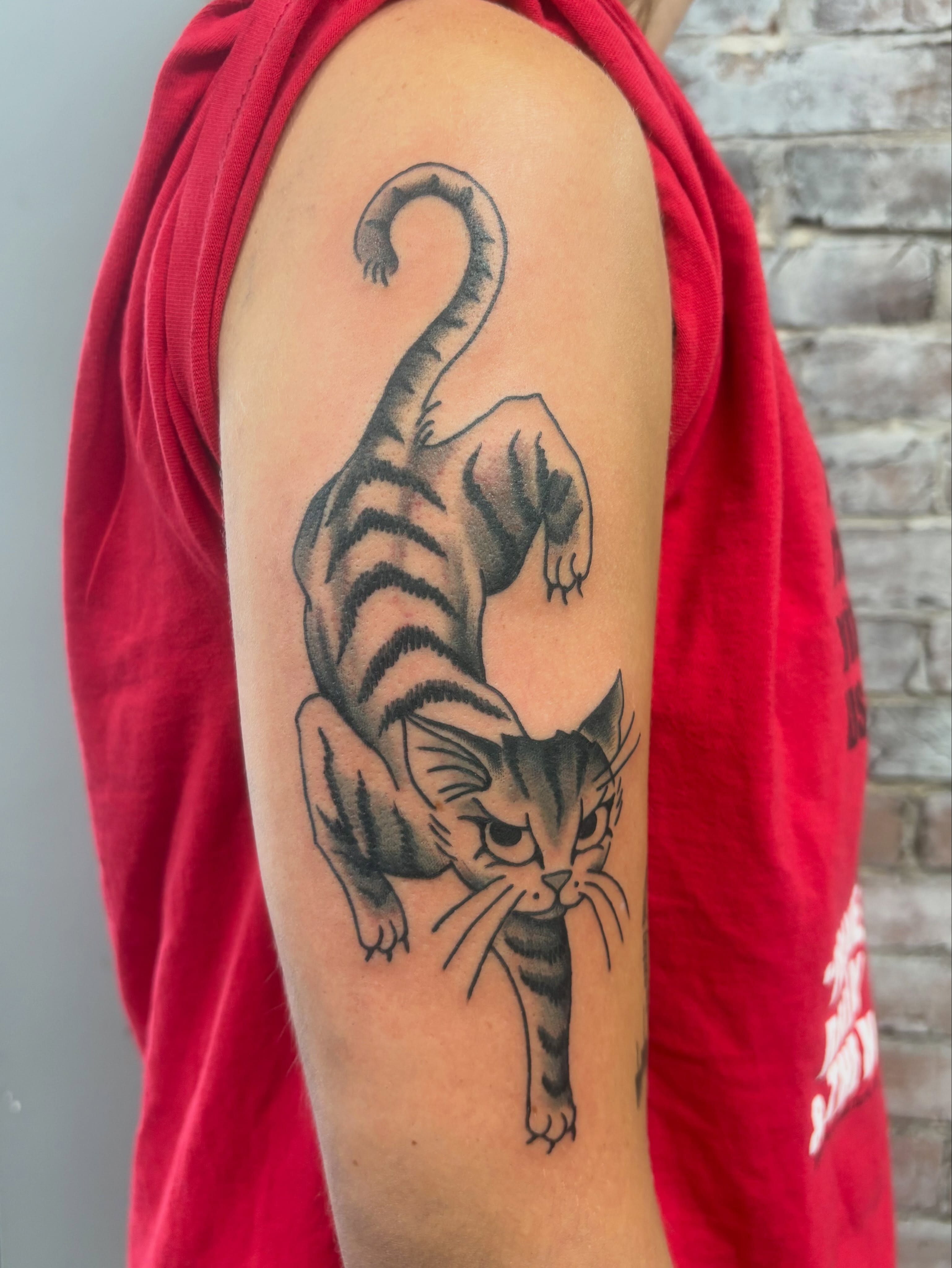 Cat black and grey tattoo on the forearm by Nolan Croteau