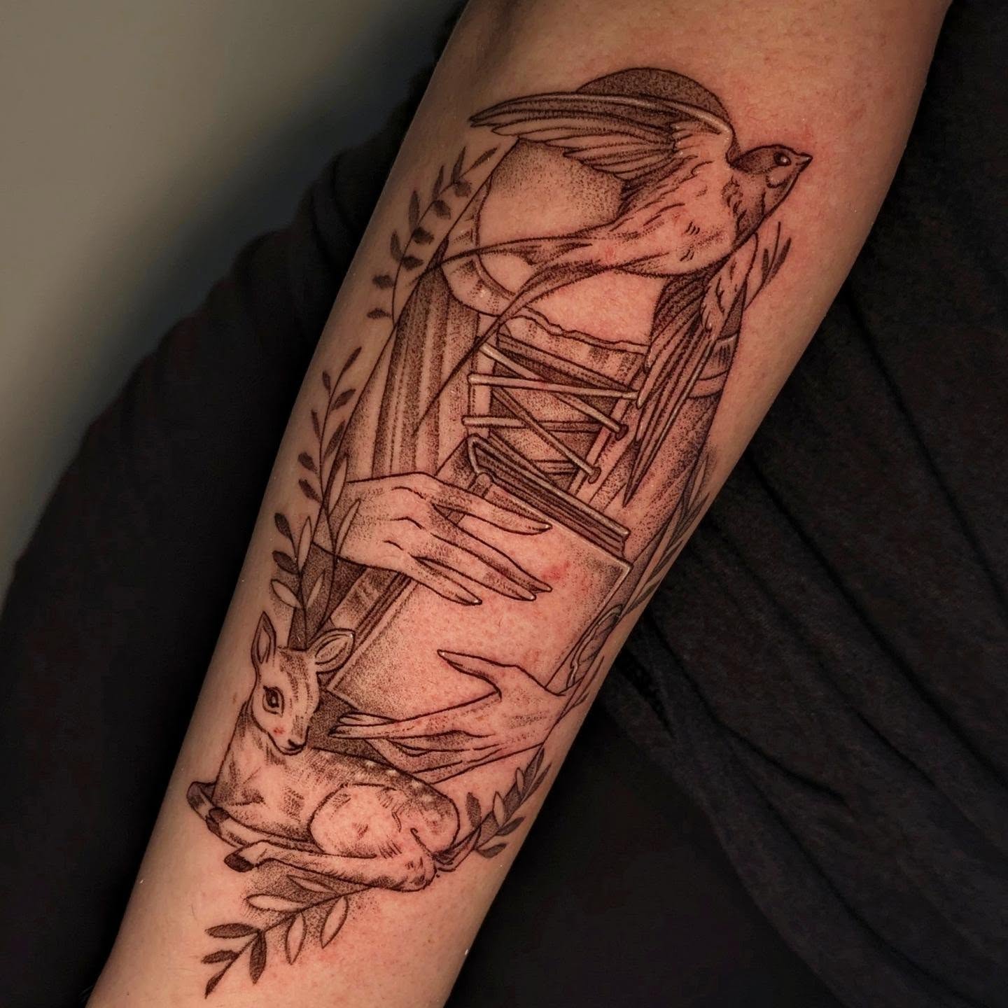 Bird and deer realism tattoo on the forearm by Jasmine Dillon