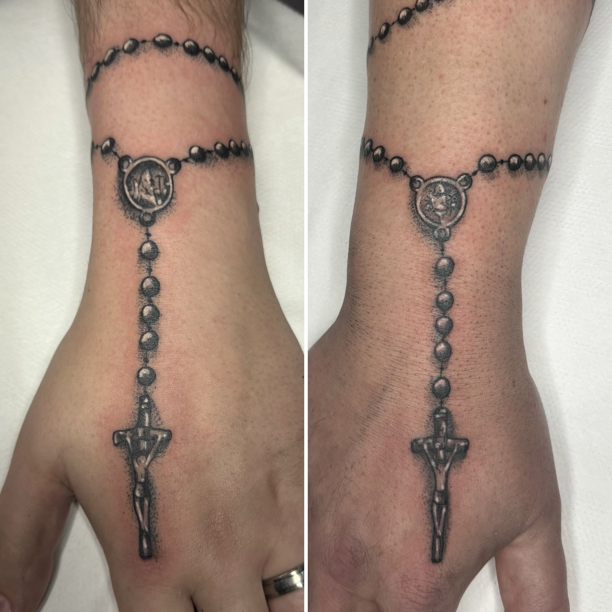 Rosary dotwork tattoo on the hand by Aiden Shaw