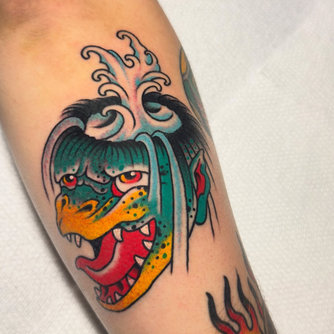 Dragon American traditional tattoo on the forearm by 𝐬𝐚𝐬𝐡𝐚 𝐯𝐚𝐧𝐝𝐚𝐥, Nashville, Tennessee