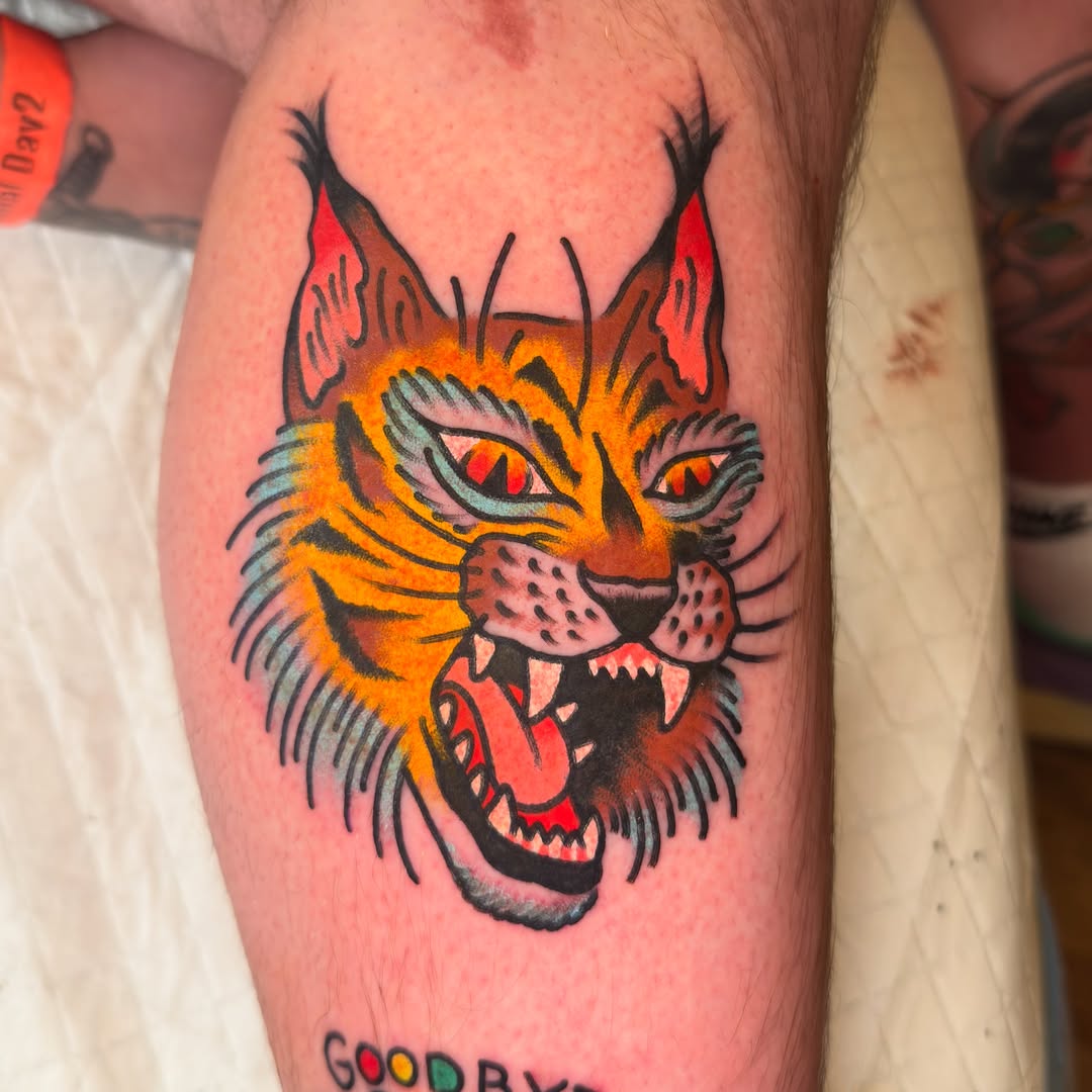 Cat American traditional tattoo on the forearm by 𝐬𝐚𝐬𝐡𝐚 𝐯𝐚𝐧𝐝𝐚𝐥, Nashville, Tennessee