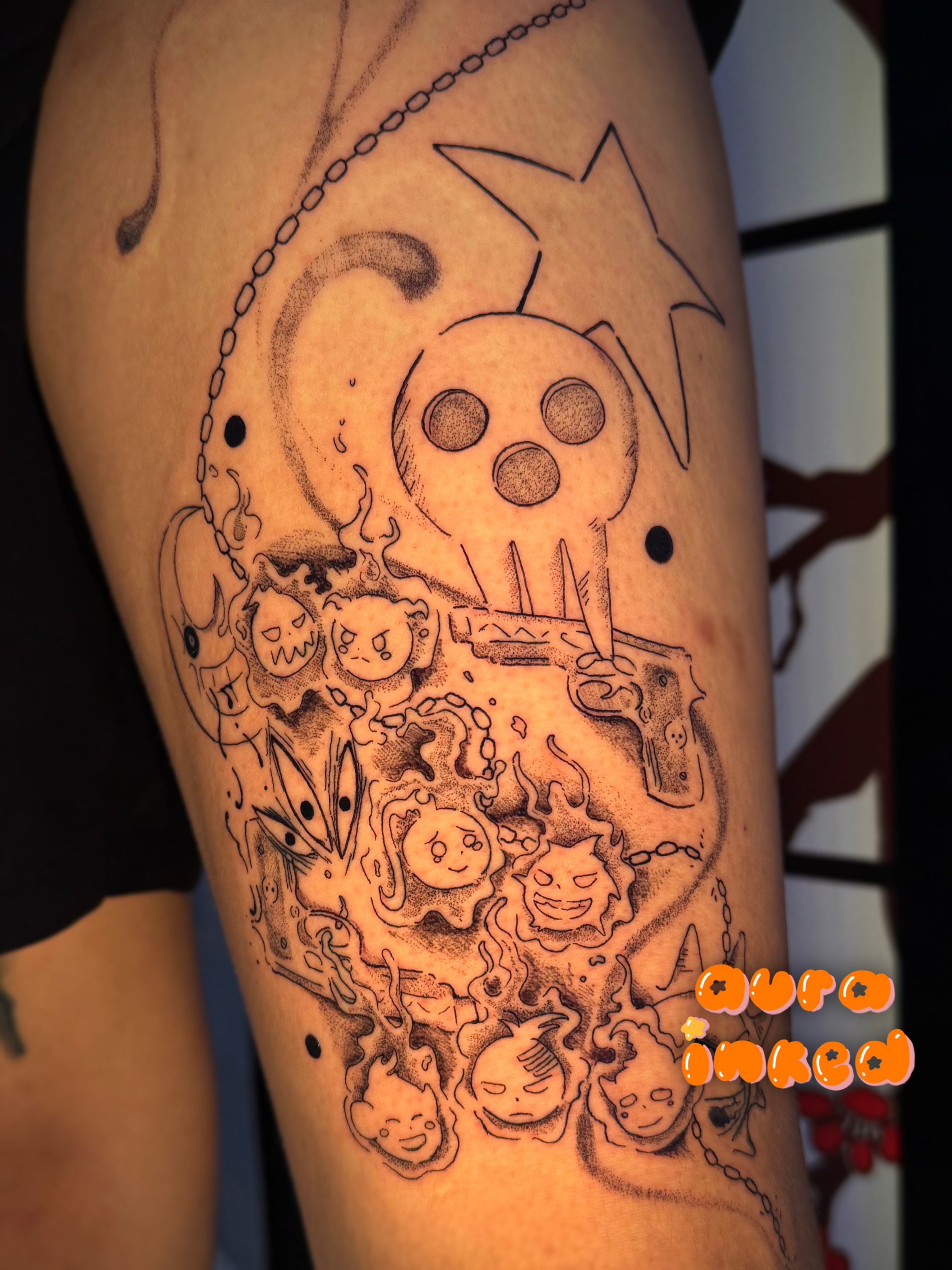 Film reel and ghostly faces dotwork tattoo on the forearm by Delly ⌯