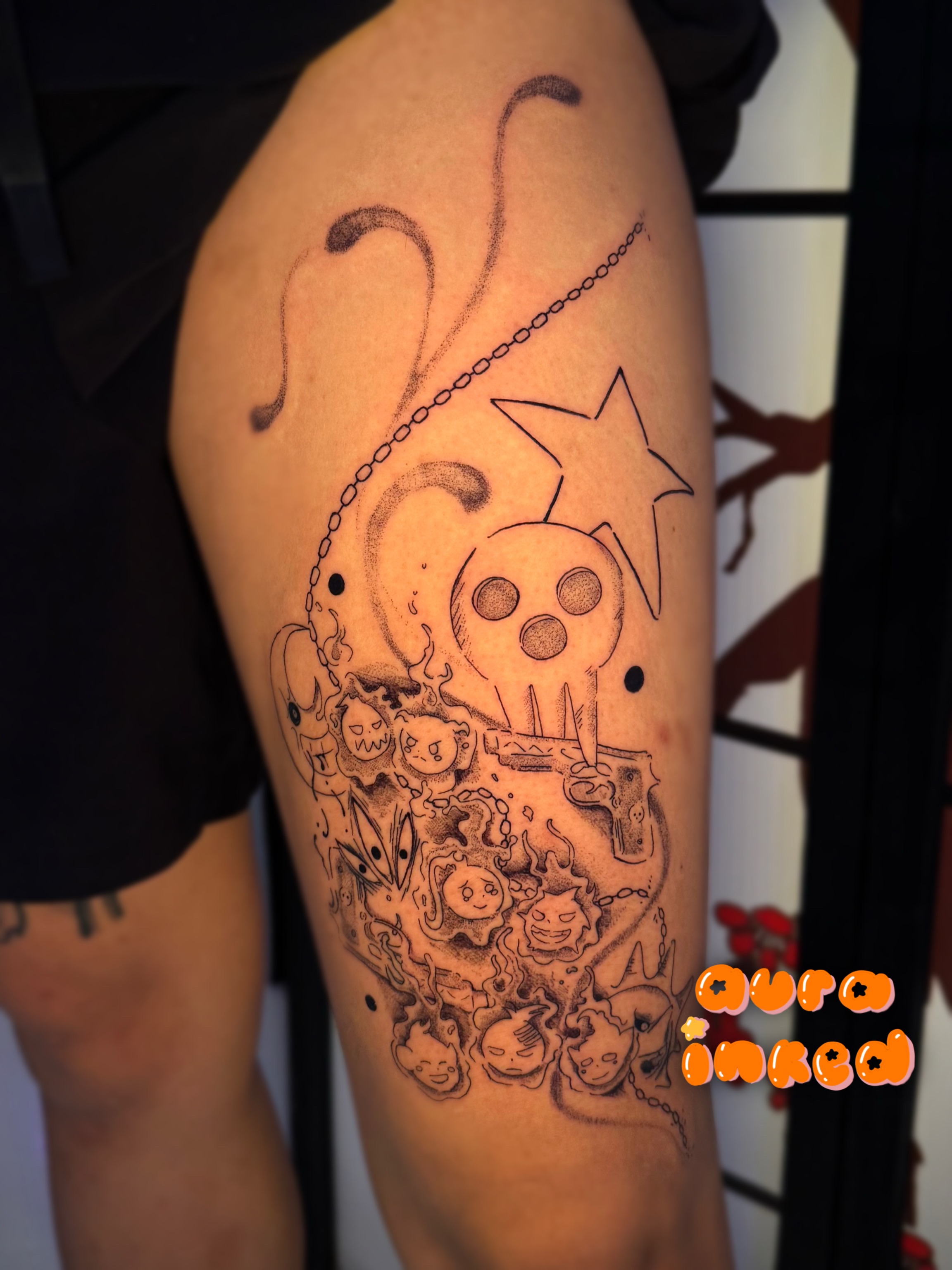 Film reel and characters dotwork tattoo on the thigh by Delly ⌯