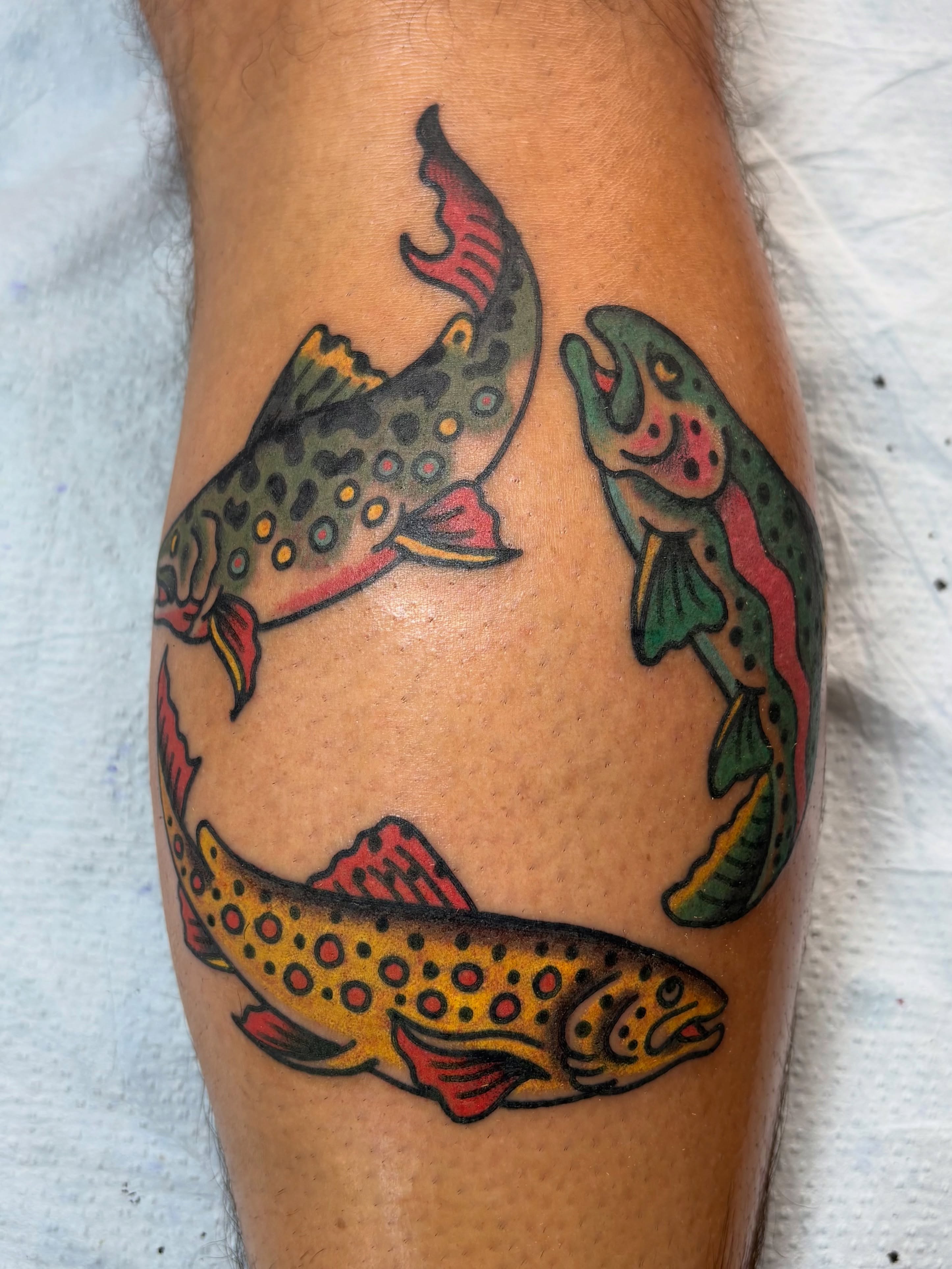 Trout American traditional tattoo on the forearm by Jake Herbert, Knoxville, Tennessee
