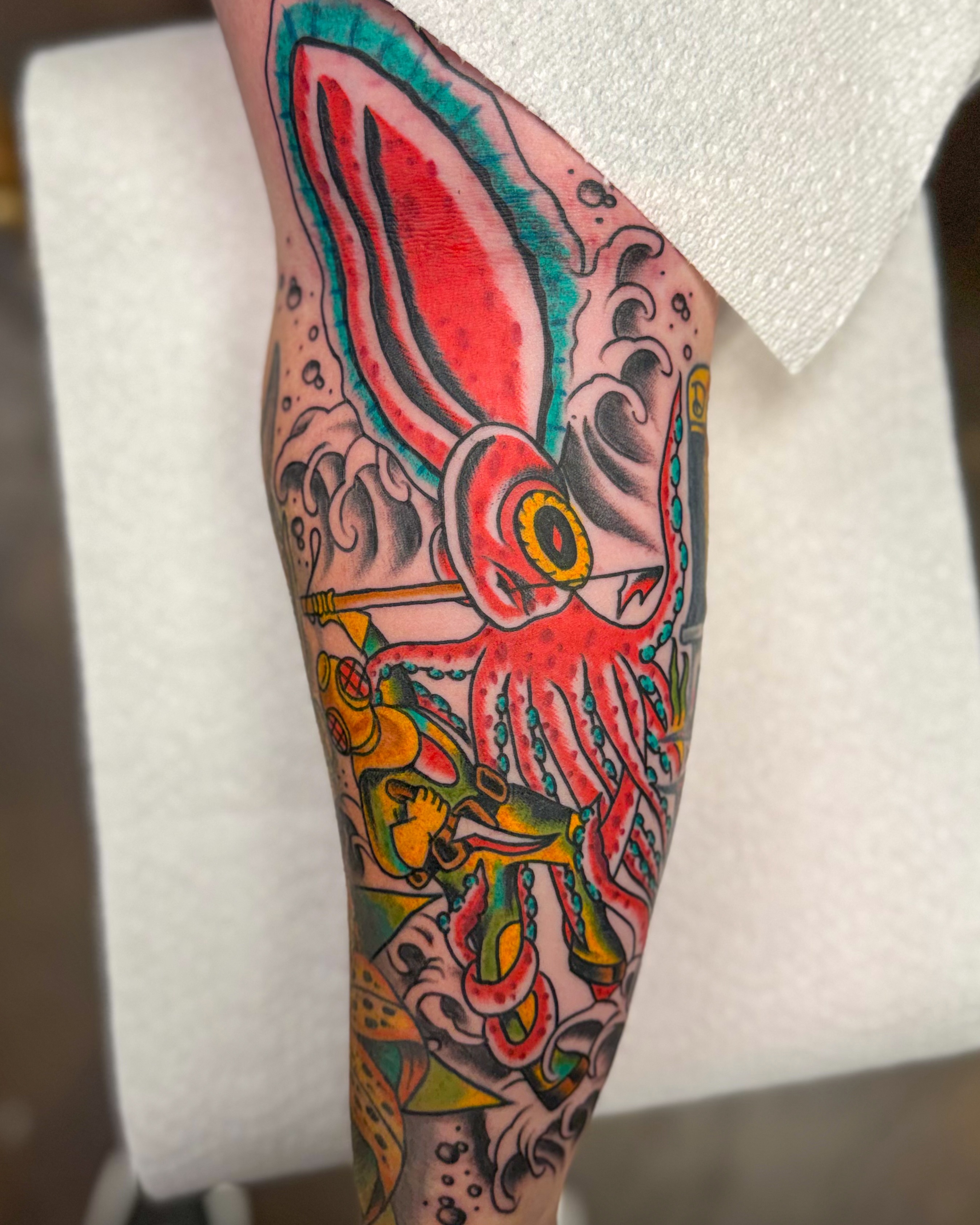 Octopus American traditional tattoo on the forearm by Zac Tattooer