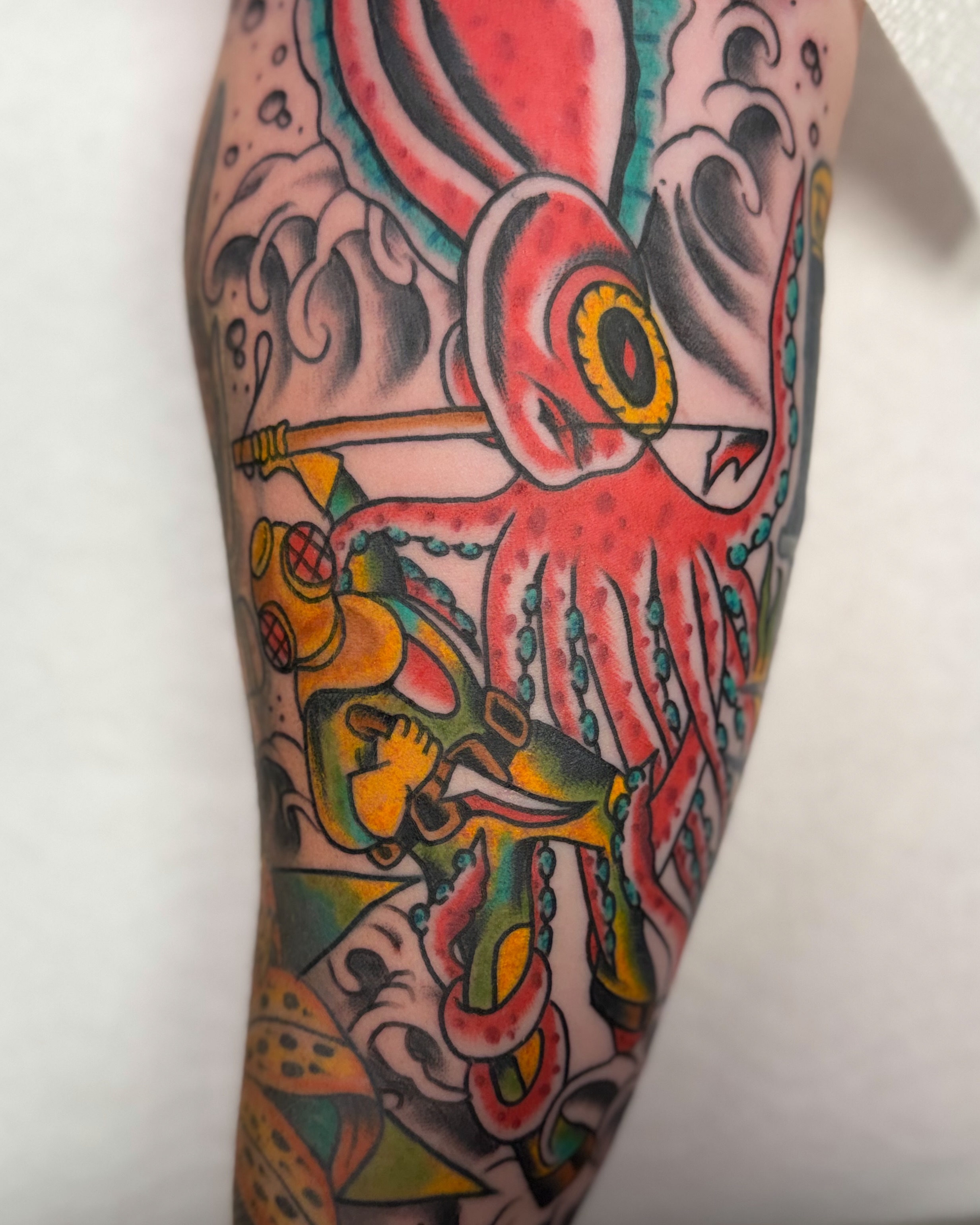 Octopus warrior American traditional tattoo on the forearm by Zac Tattooer