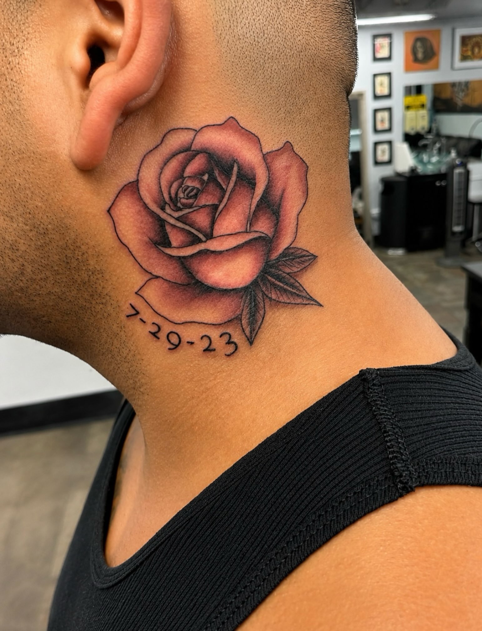 Rose realism tattoo on the neck by Stoney