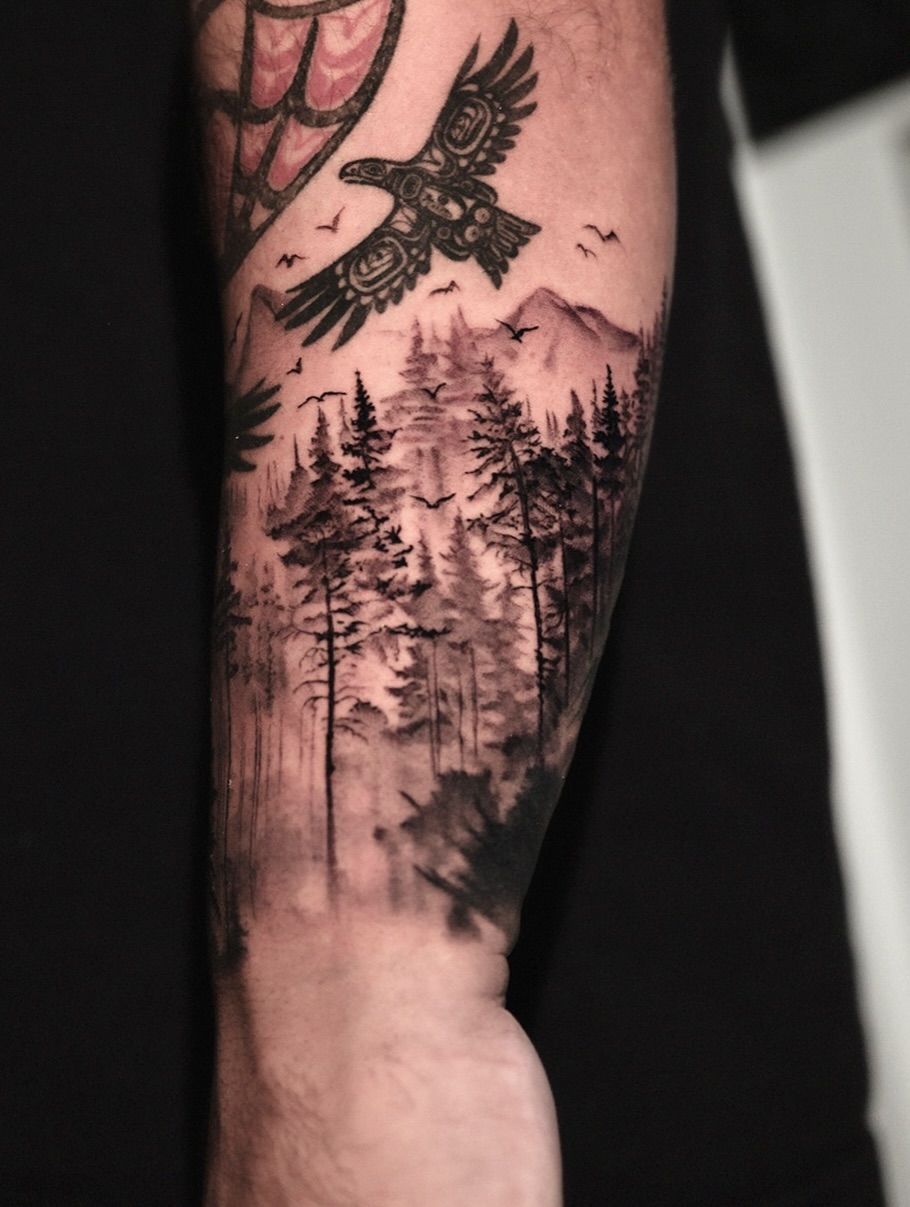Forest and eagle black and grey tattoo on the forearm by AMU