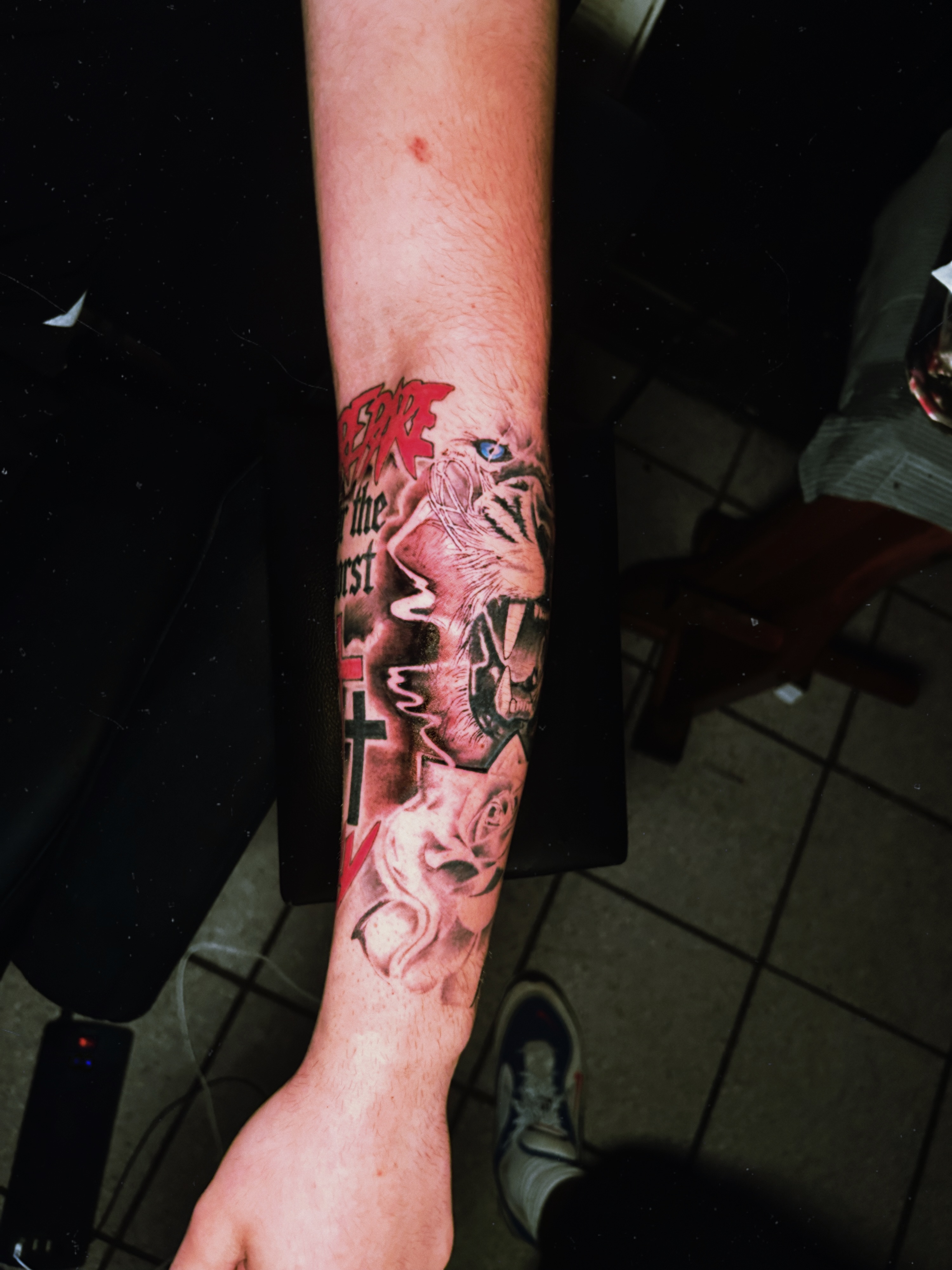Tiger and text realism tattoo on the forearm by Tito Cross ❤️‍🔥