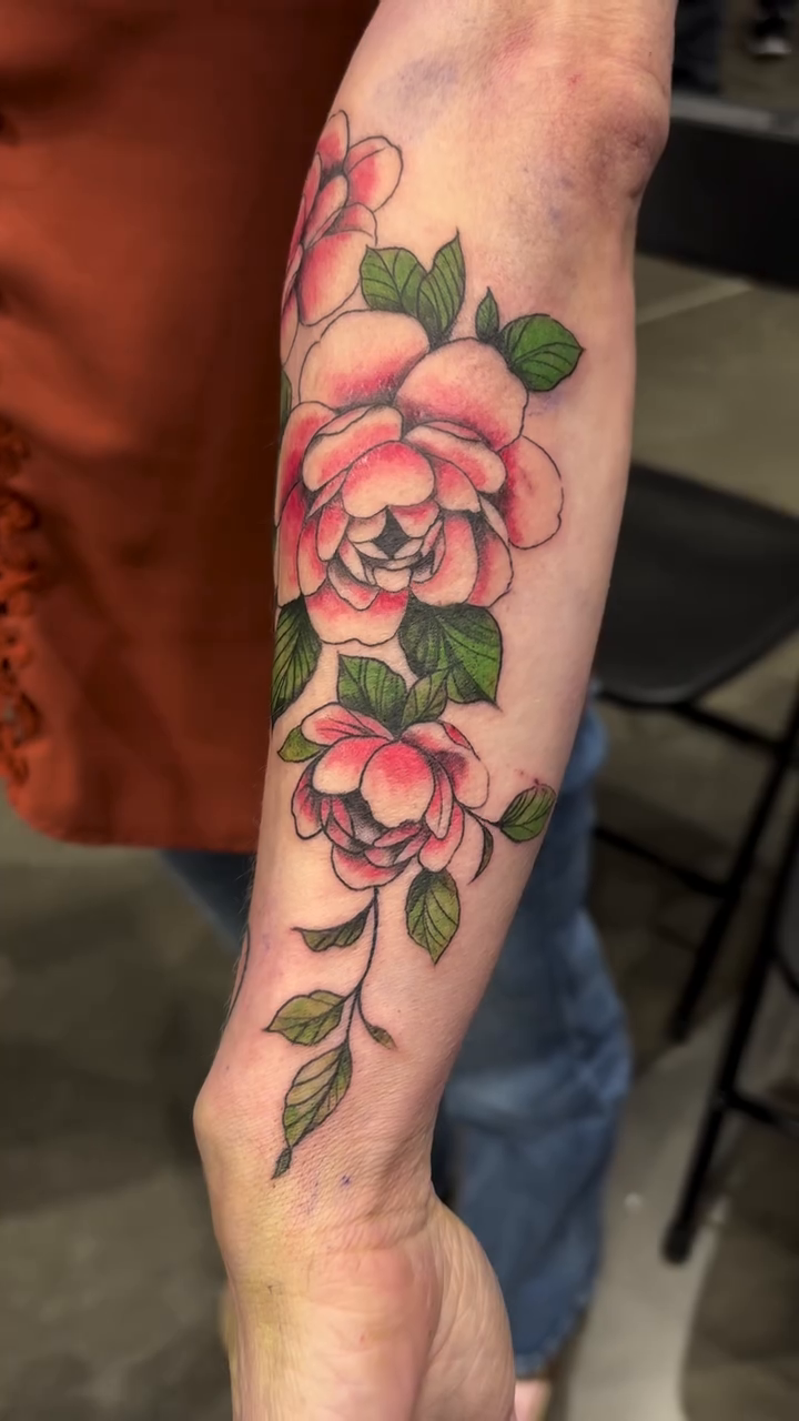Roses and leaves neo-traditional tattoo by πΈππππ¦π£ππΈ