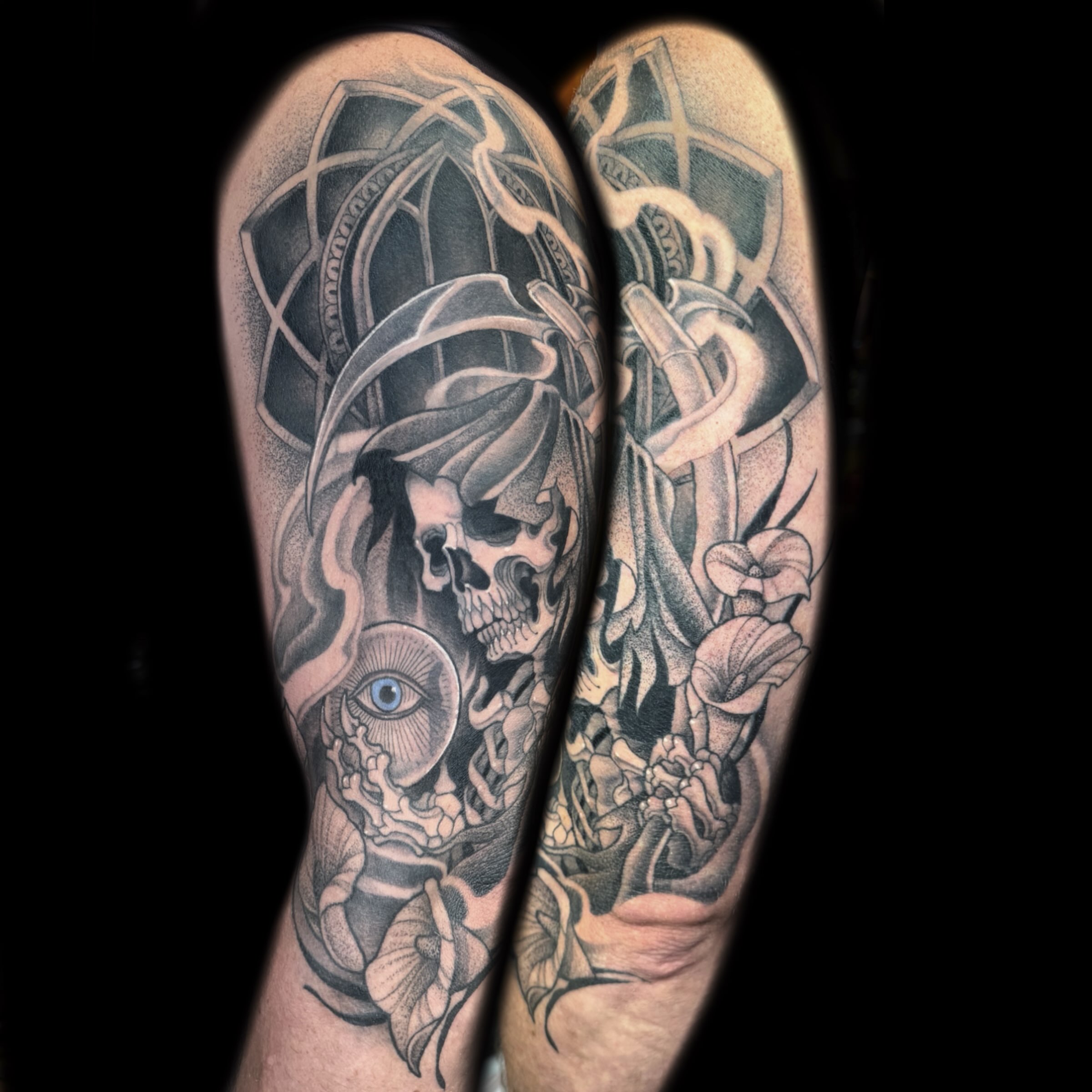 Skull and calla lilies realism tattoo on the forearm by Kelsea Weir McCree