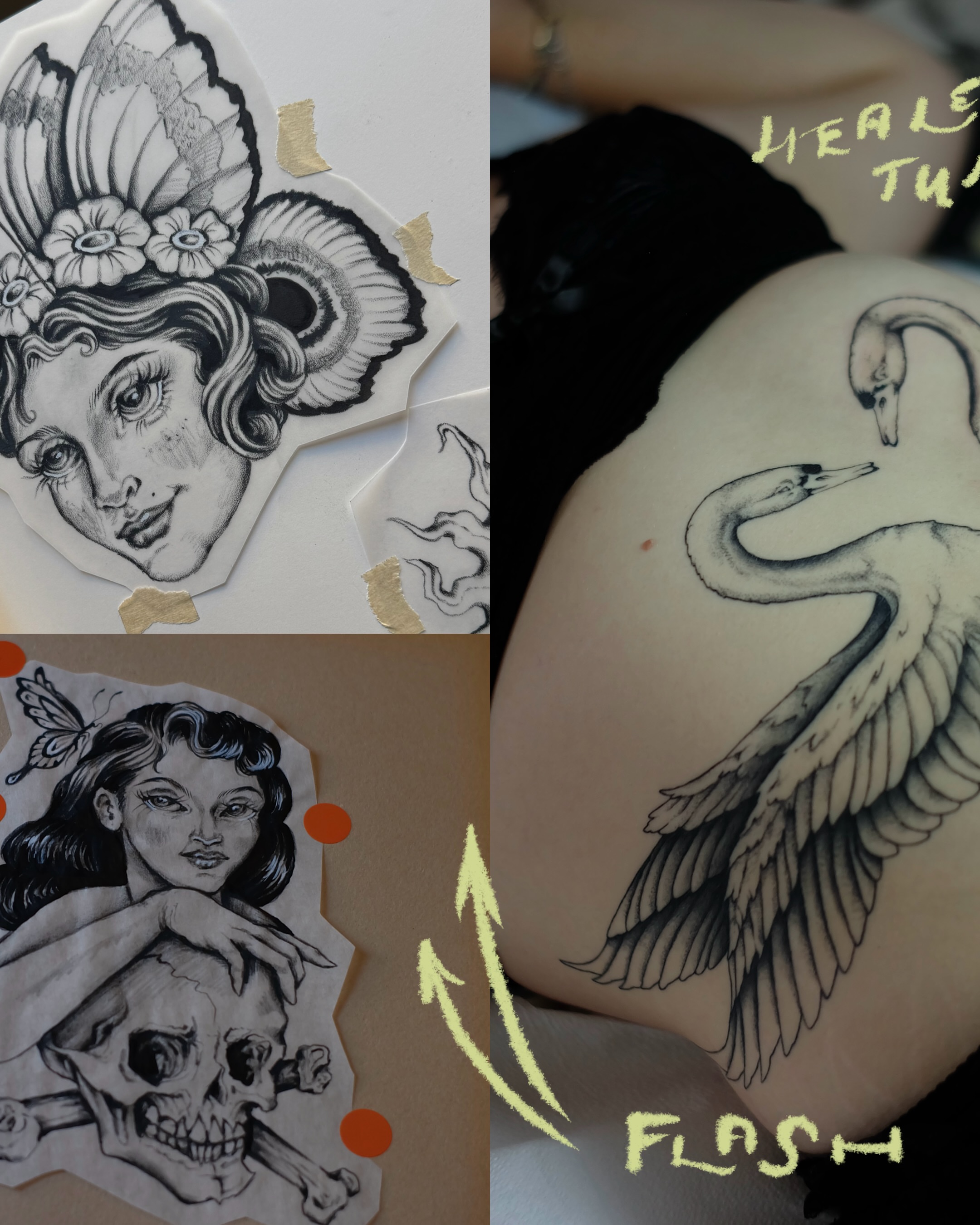 Swan black and grey tattoo on the back by Sisilia