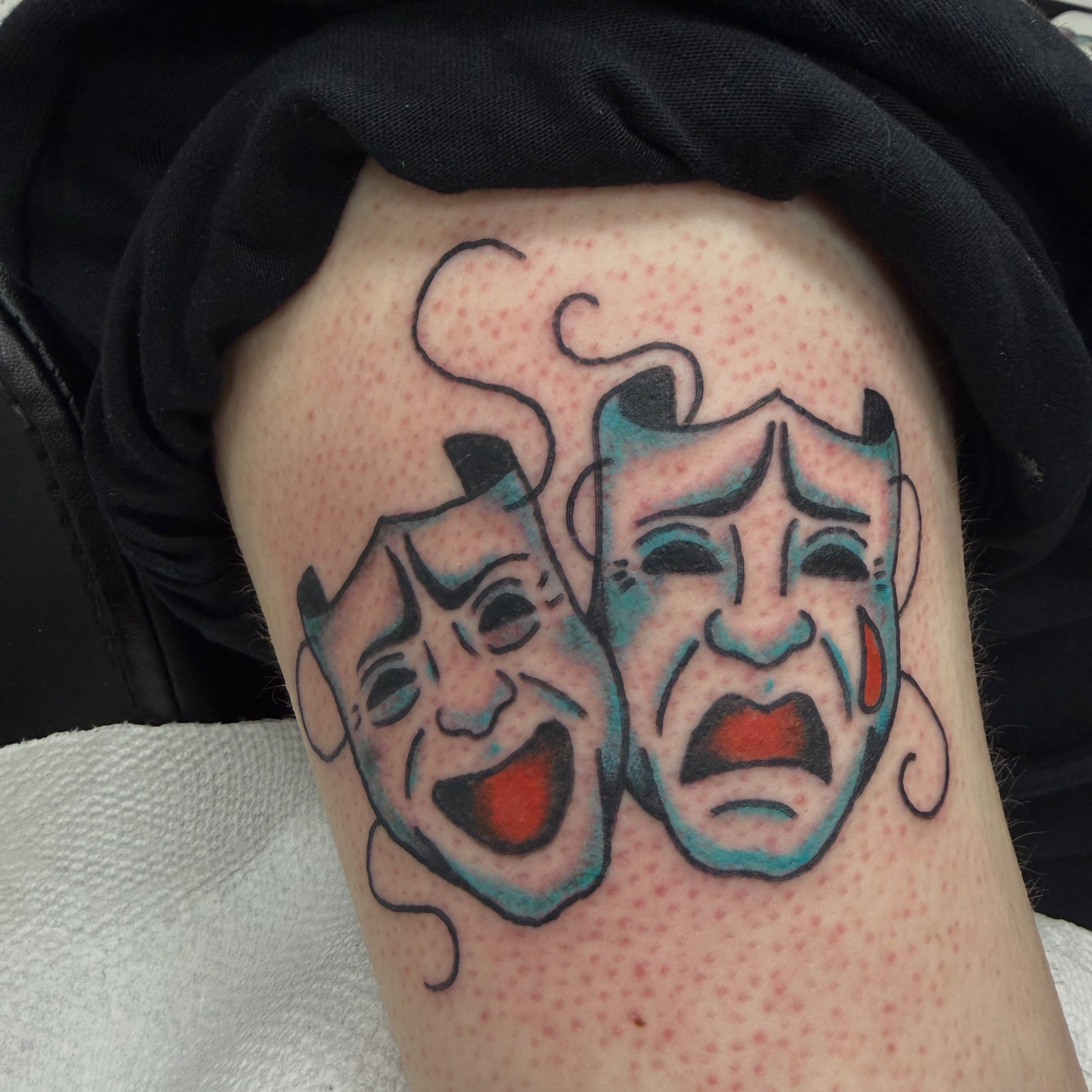 Theater masks American traditional tattoo on the thigh by c☮︎urt