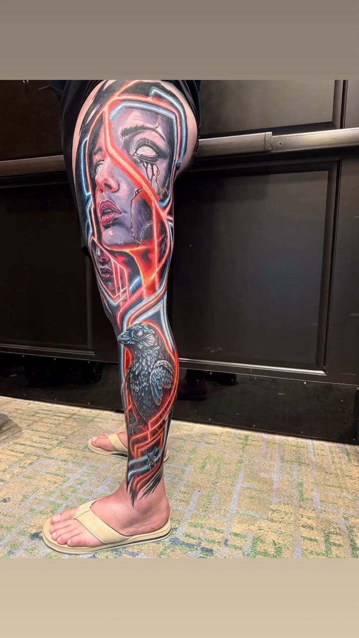 Cyborg woman's face and mechanical elements realism tattoo by Zac Pedrosa