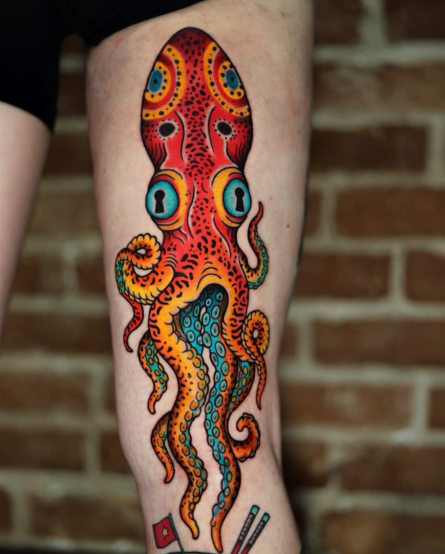 Octopus American traditional tattoo on the thigh by Tattoo Artist Los Angeles