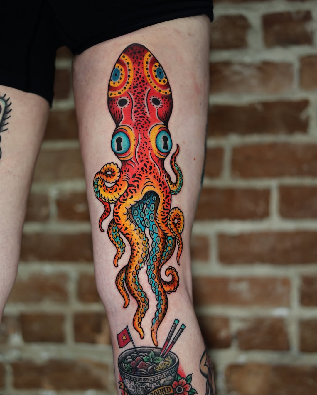 Octopus American traditional tattoo on the thigh by Tattoo Artist Los Angeles