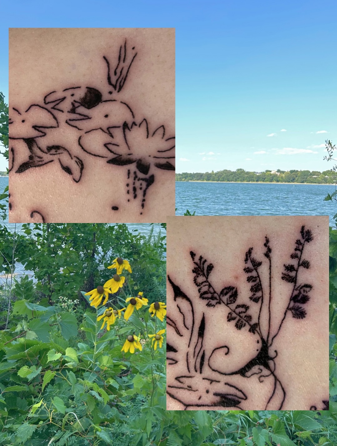 Ducks and flowers American traditional tattoo on the forearm by wanderfernfairy